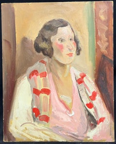Vintage Portrait Portrait of Fashionable Woman Pink Shawl 1920's French Oil