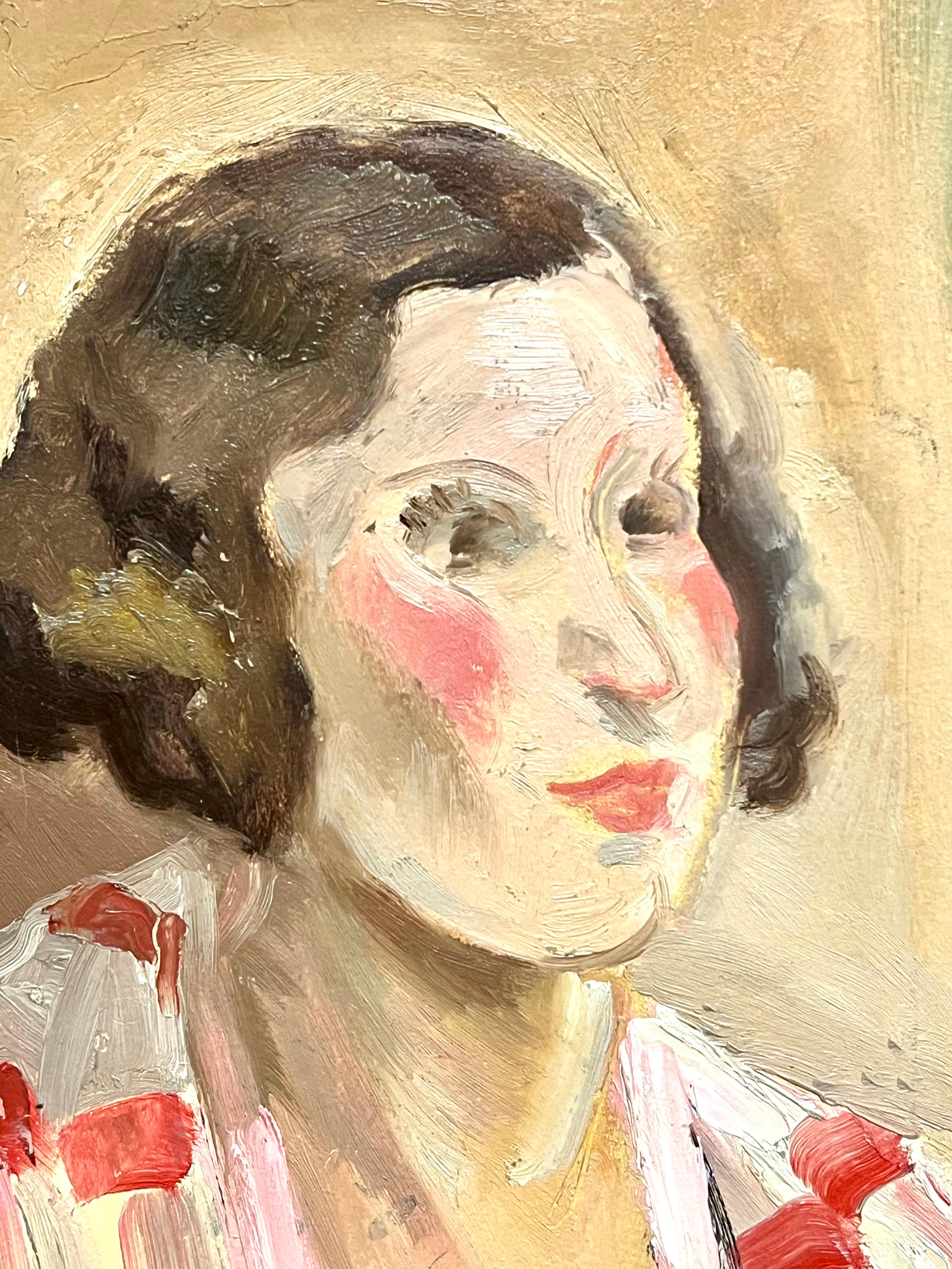 Portrait de femme à la mode châle rose des années 1920 - Beige Figurative Painting par Robert Simon