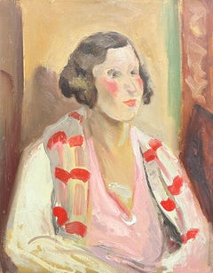 Retrato Vintage Retrato de Mujer a la Moda Chal Rosa Años 20 Óleo Francés