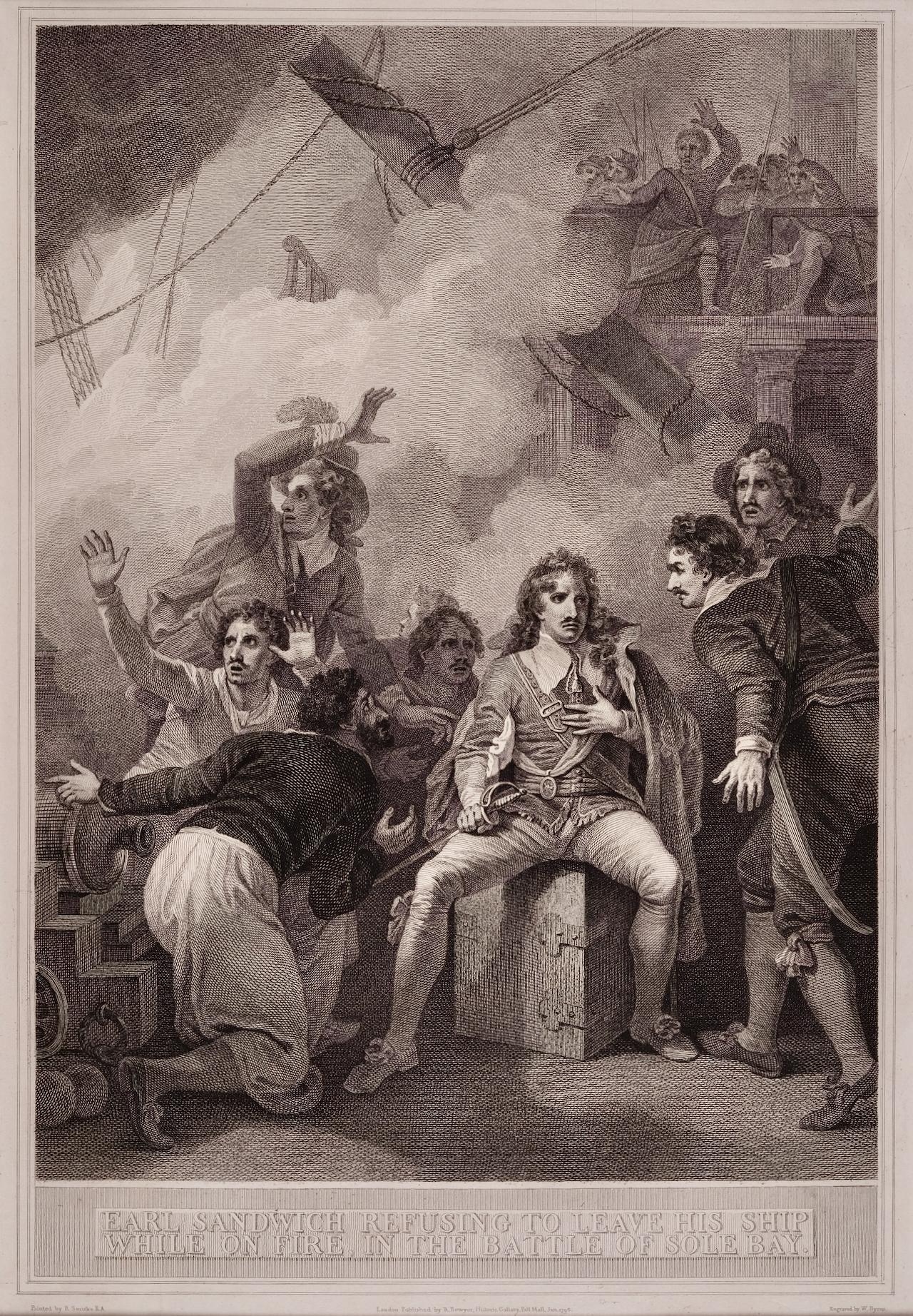 « Earl Sandwich Refusing to Leave His Ship » : eau-forte/gravure du 18e siècle