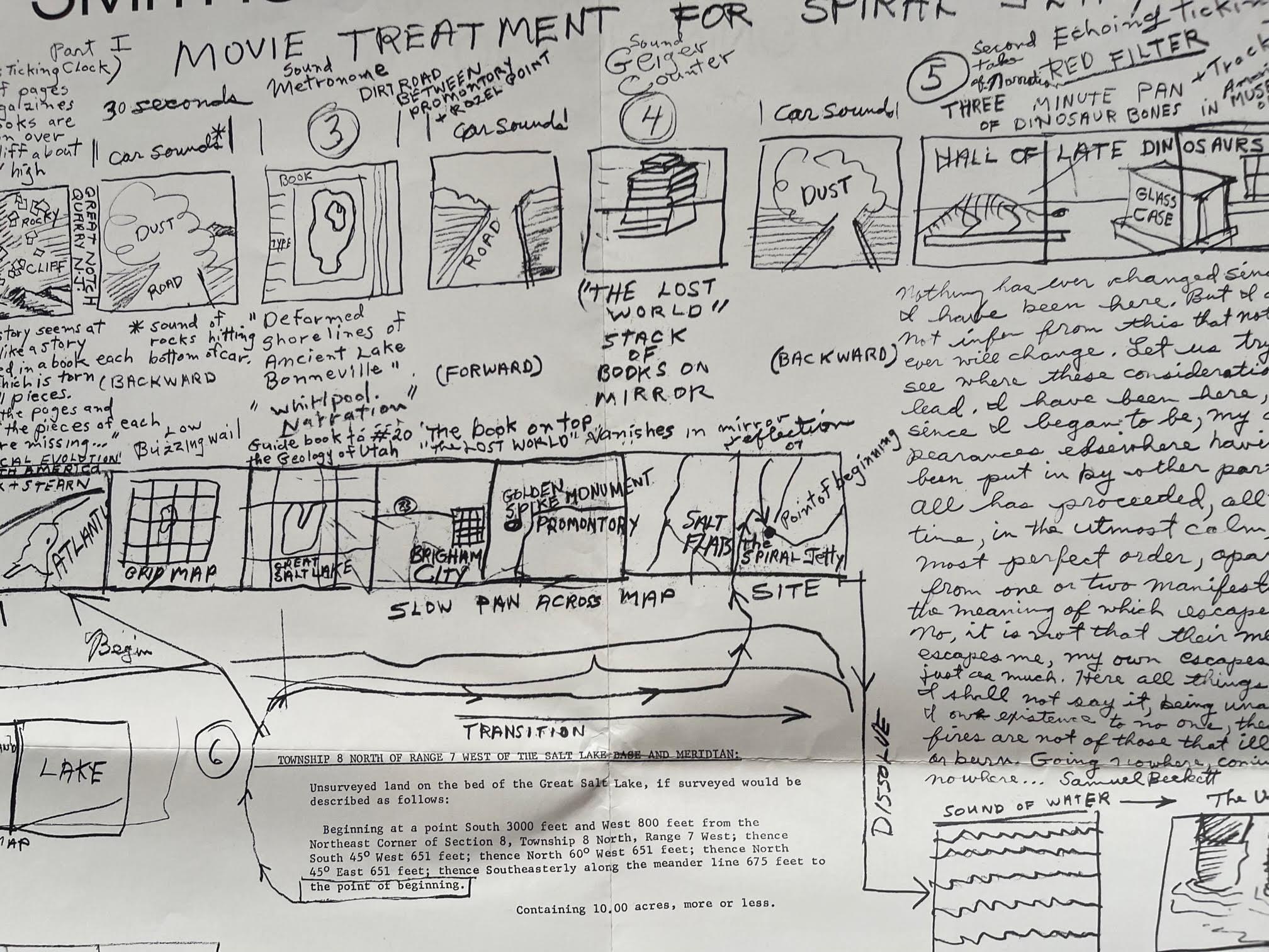 Robert Smithson
Movie Treatment for Spiral Jetty, Dwan Gallery Poster, 1970
Offset lithograph poster
38 × 22 inches
Unframed
Rare, historic poster features reproductions of sketches and notes by Smithson comprising a storyboard or movie treatment