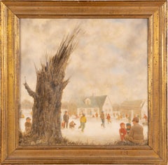 Skating in Mamaroneck NY Vintage American Sporting Art Illustration Oil Painting