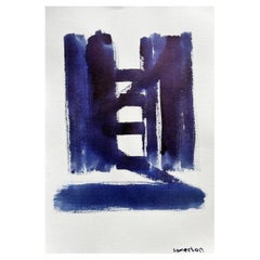 Expresionista Abstracto Británico Pintura Original Formas Patrones Azul y Blanco