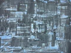 Peinture sur toile d'origine expressionniste britannique abstraite noire, grise et bleue
