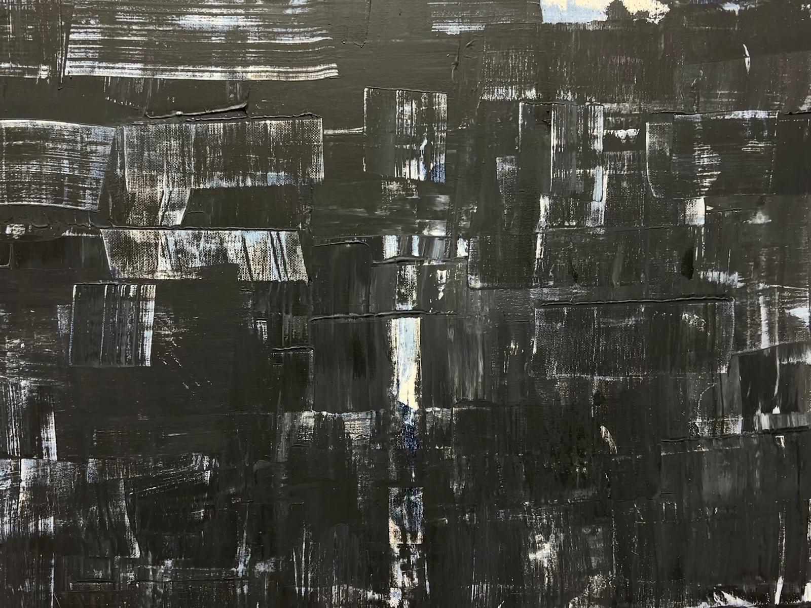 Grande peinture abstraite expressionniste britannique noire, grise et blanche d'origine