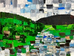 Peinture à l'huile originale cubiste et expressionniste britannique abstraite représentant un paysage fluvial