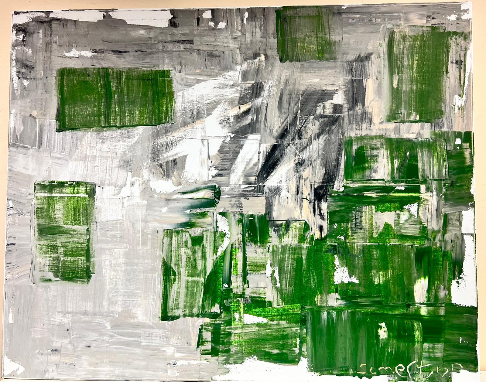 Grande peinture abstraite expressionniste britannique verte, noire, blanche et grise - Painting de Robert Somerton