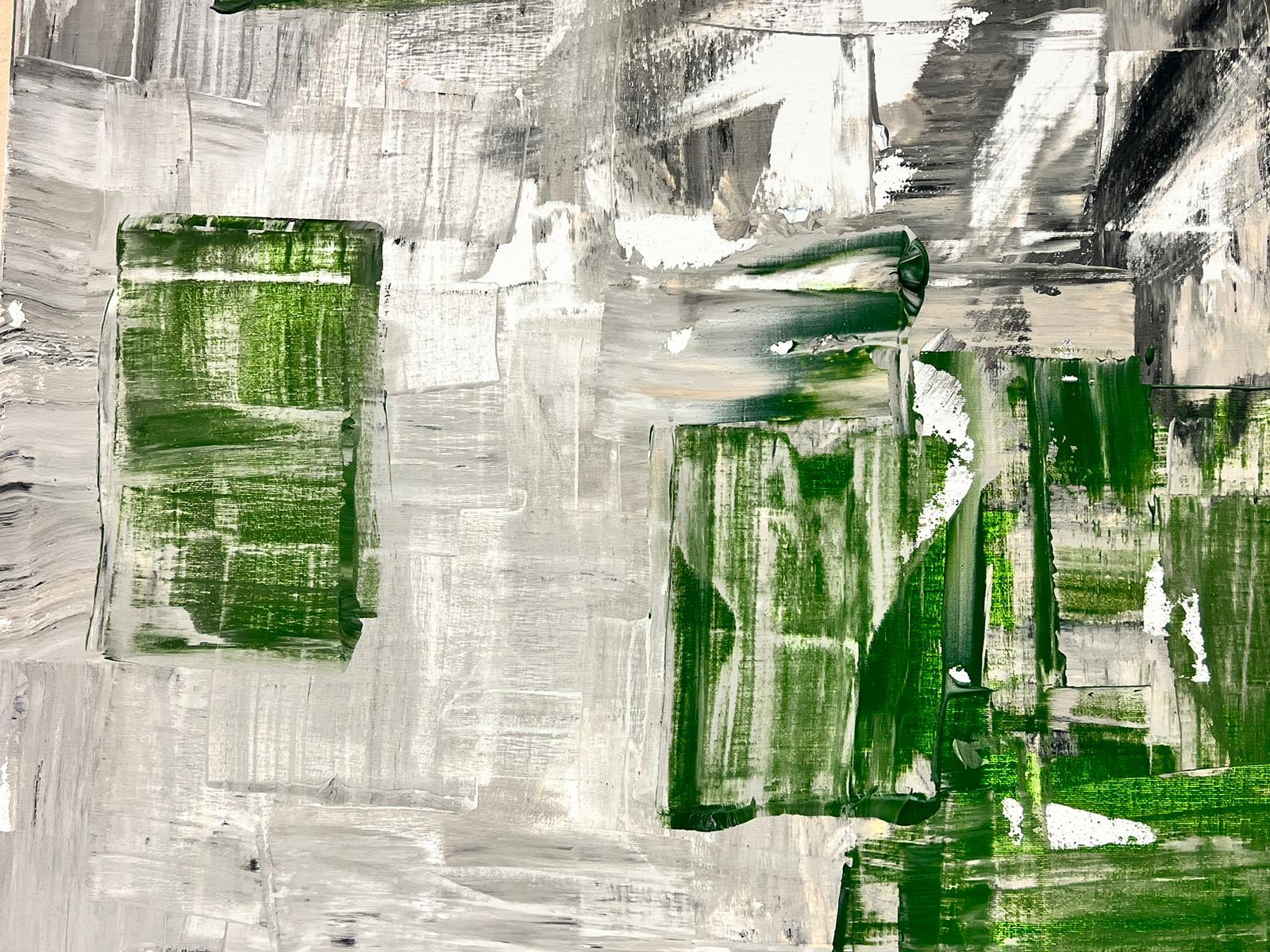 Grande peinture abstraite expressionniste britannique verte, noire, blanche et grise en vente 1