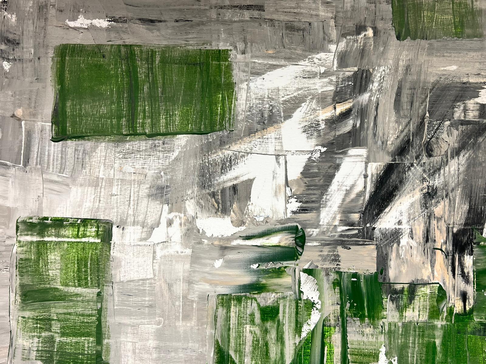 Grande peinture abstraite expressionniste britannique verte, noire, blanche et grise en vente 2