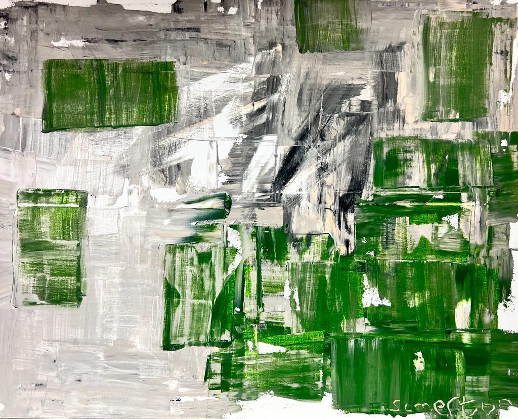 Grande peinture abstraite expressionniste britannique verte, noire, blanche et grise