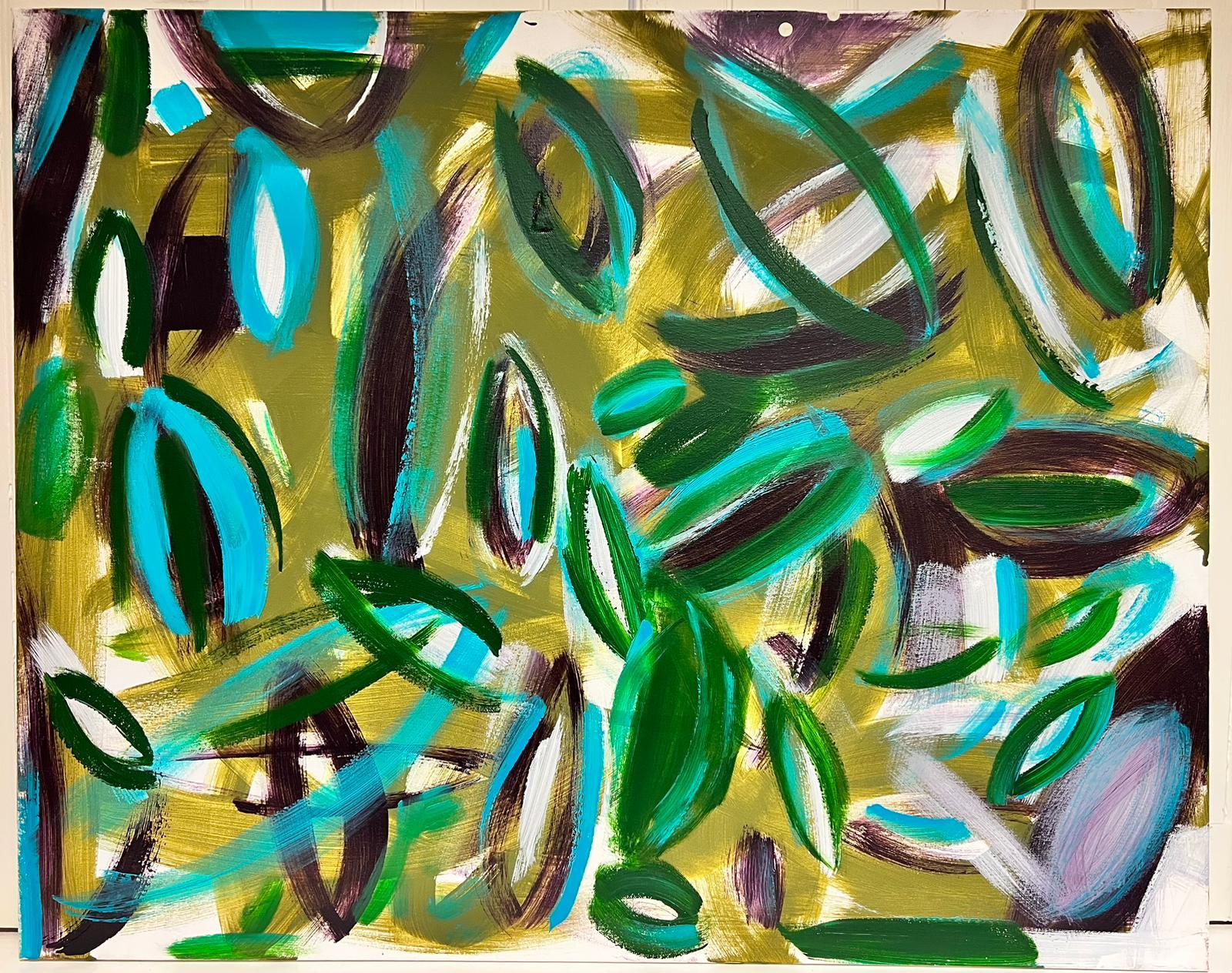 Großes britisches abstraktes Originalgemälde in Grün, Beige, Schwarz und Lila in Farben – Painting von Robert Somerton