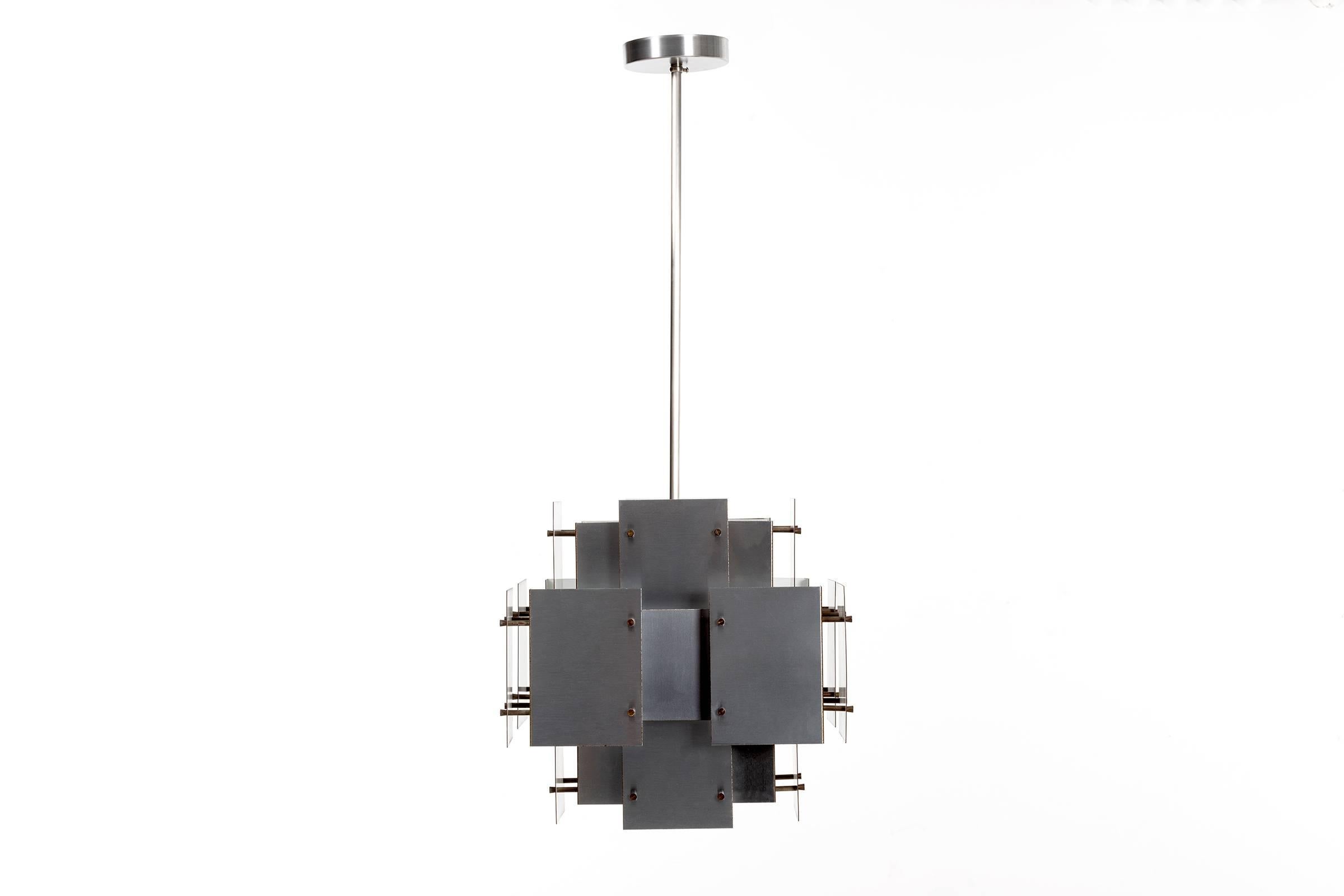 Sonneman brushed steel chandelier, multi-plain panels act as light diffusers.