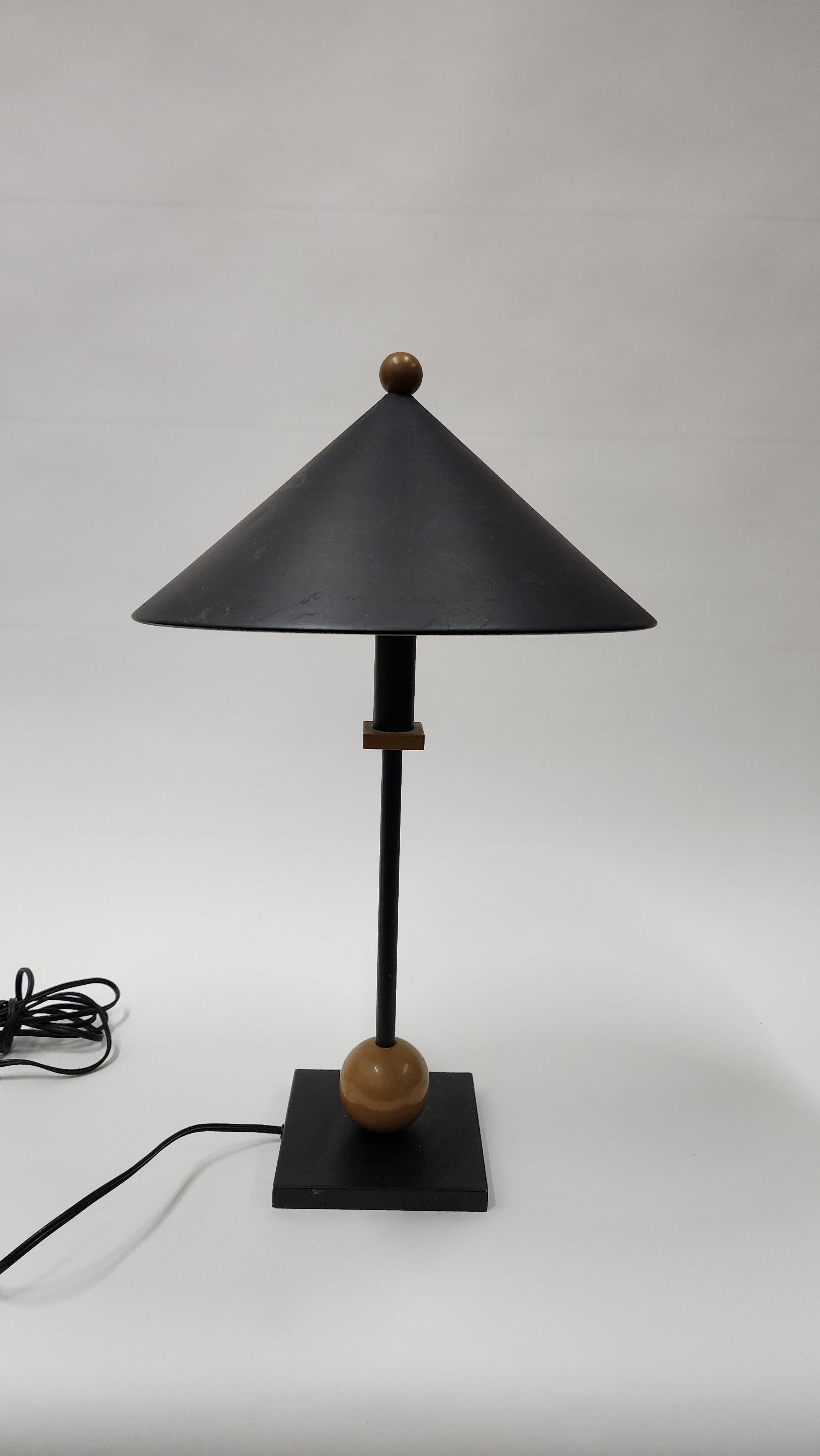 Robert Sonneman for George Kovacs Memphis style post modern table lamp. Metal cone shade and base with with muted gold ball and accent. Original glass diffuser.