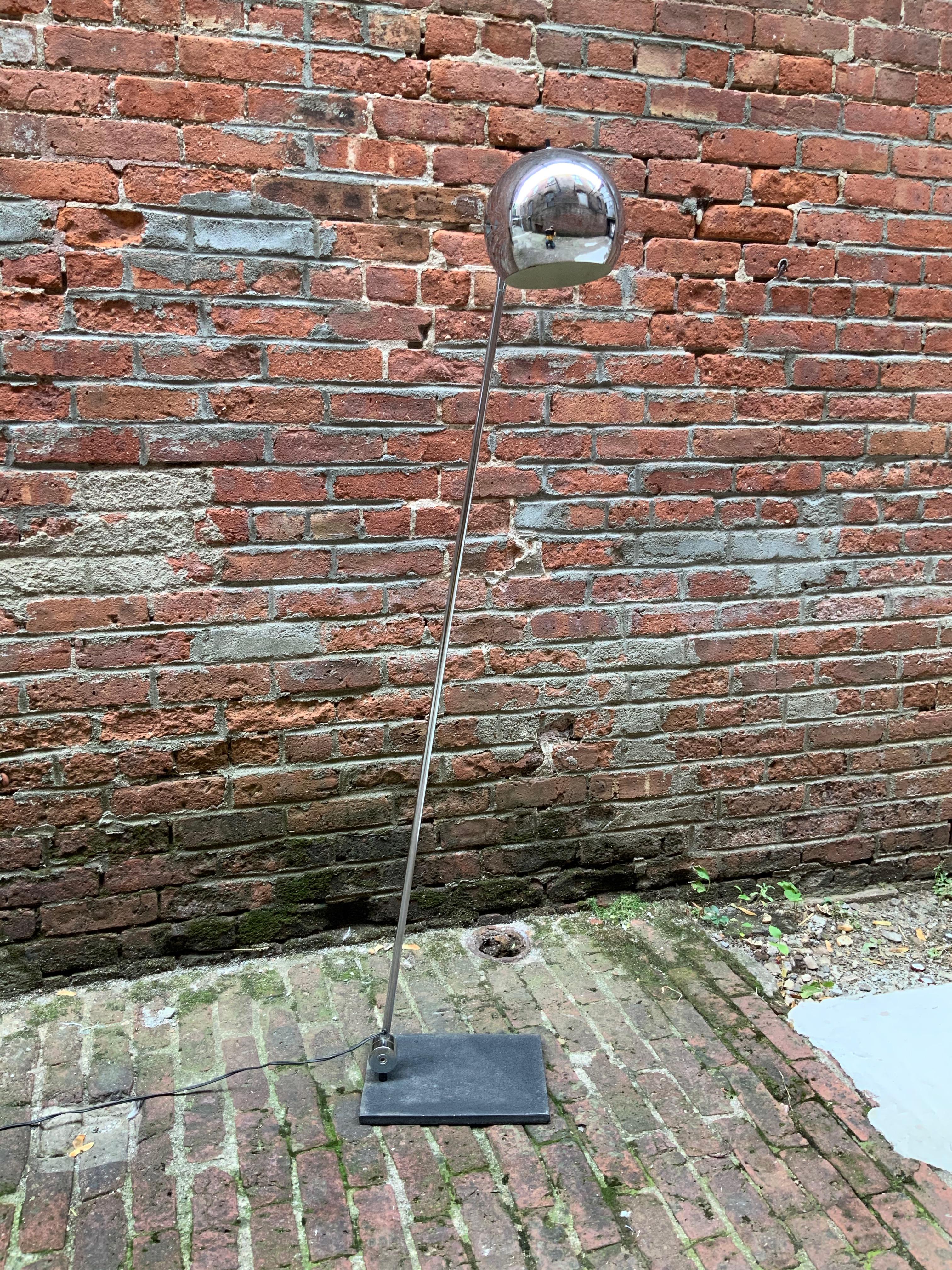Robert Sonneman for Kovacs adjustable chrome floor lamp. Weighted black base. Original working wiring. Adjustable and pivoting, circa 1960-1970. Good condition with some minor pitting. Some very light rust by shade opening (see photo).