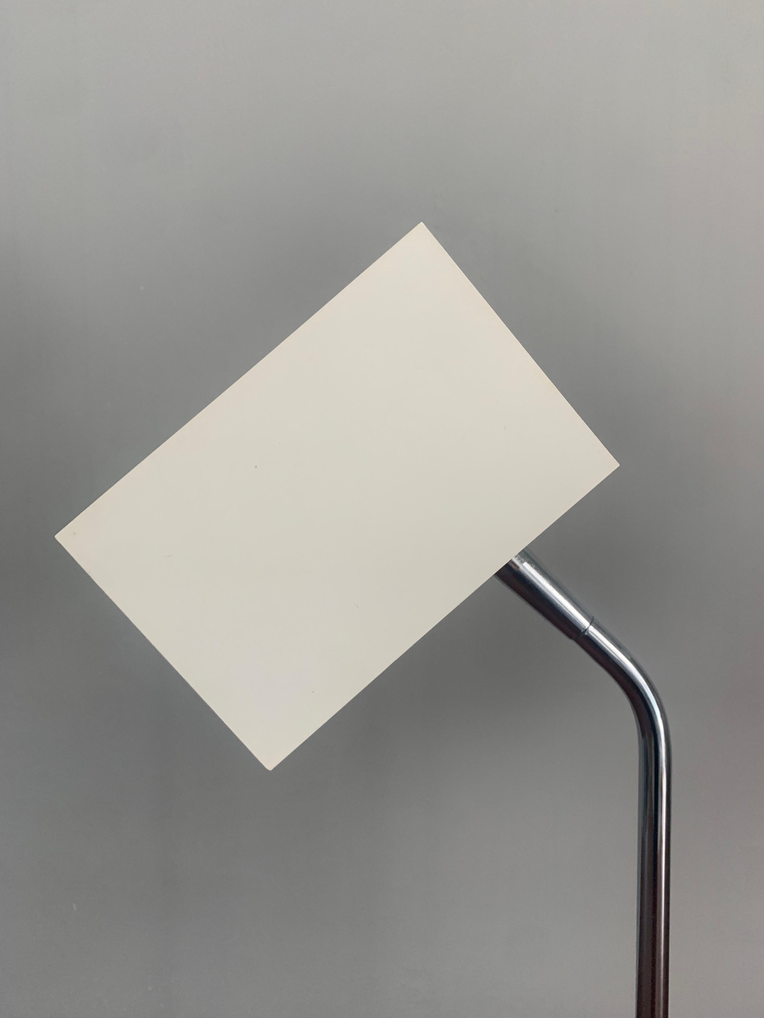 Robert Sonneman for George Kovacs double headed cube lamp. For desk or table. Iconic enameled cube shades that are adjustable in many angles to present light where desired. Affixed on angled chrome arms affixed to a heavy white base. 

Lamp is in