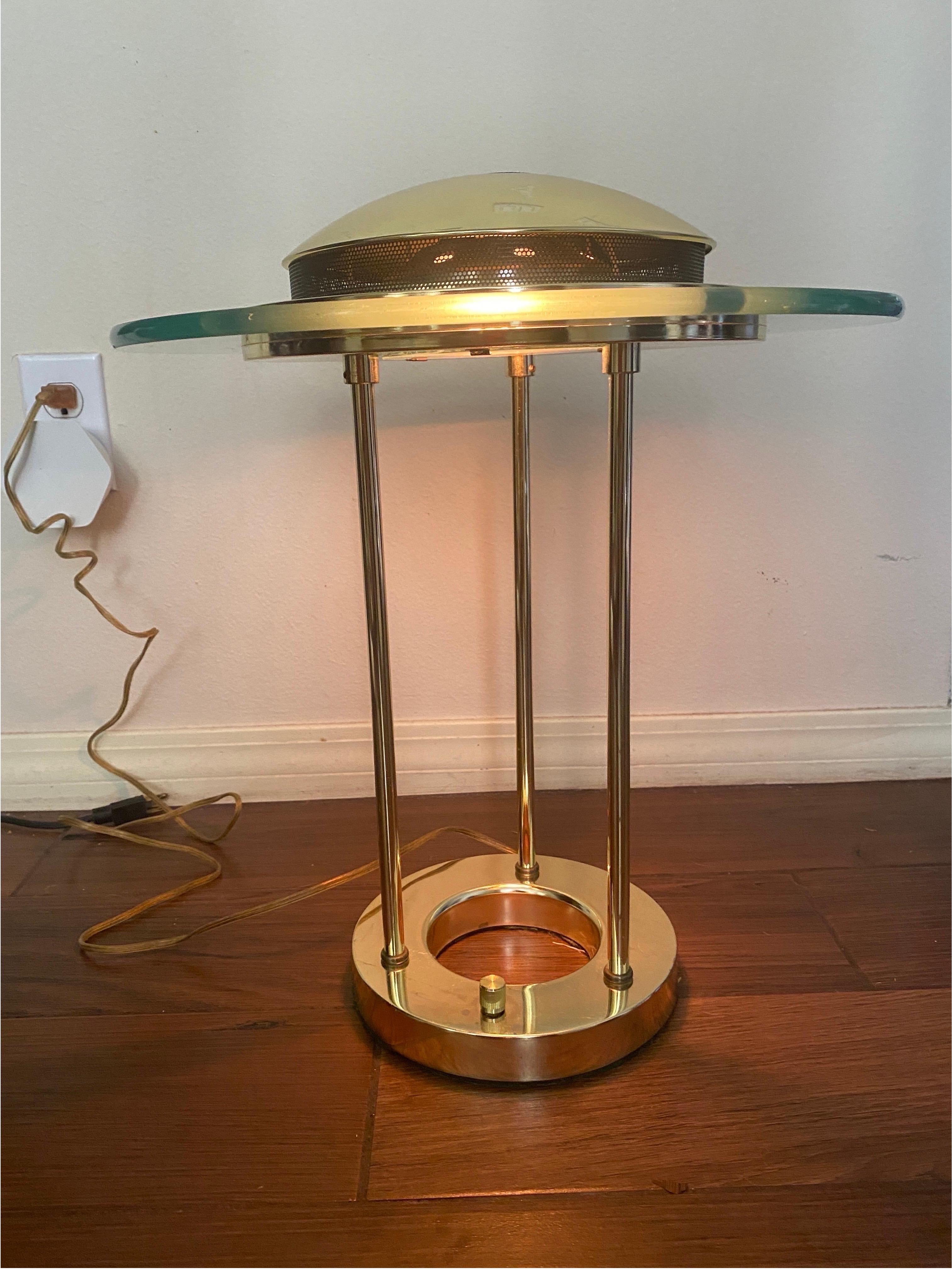 Robert Sonneman Vintage 1980s Modernist “Saturn” Brass & Glass Lamp 2