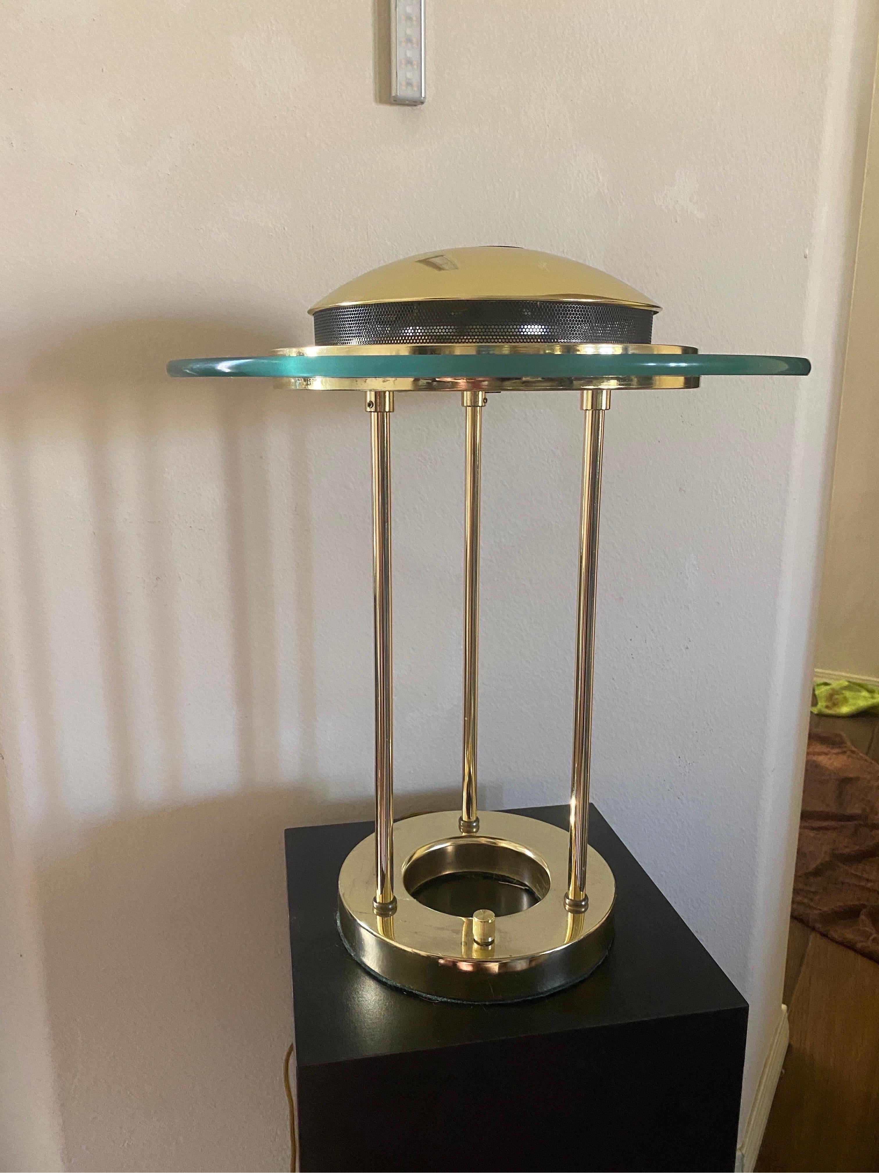 Robert Sonneman designed this “Saturn” lamp in the 1980s. It is definitely stood the test of time as it is as desirable now as it was when it was debuted This lamp came from a very beautiful high-end Palm Springs estate. It is all original end
