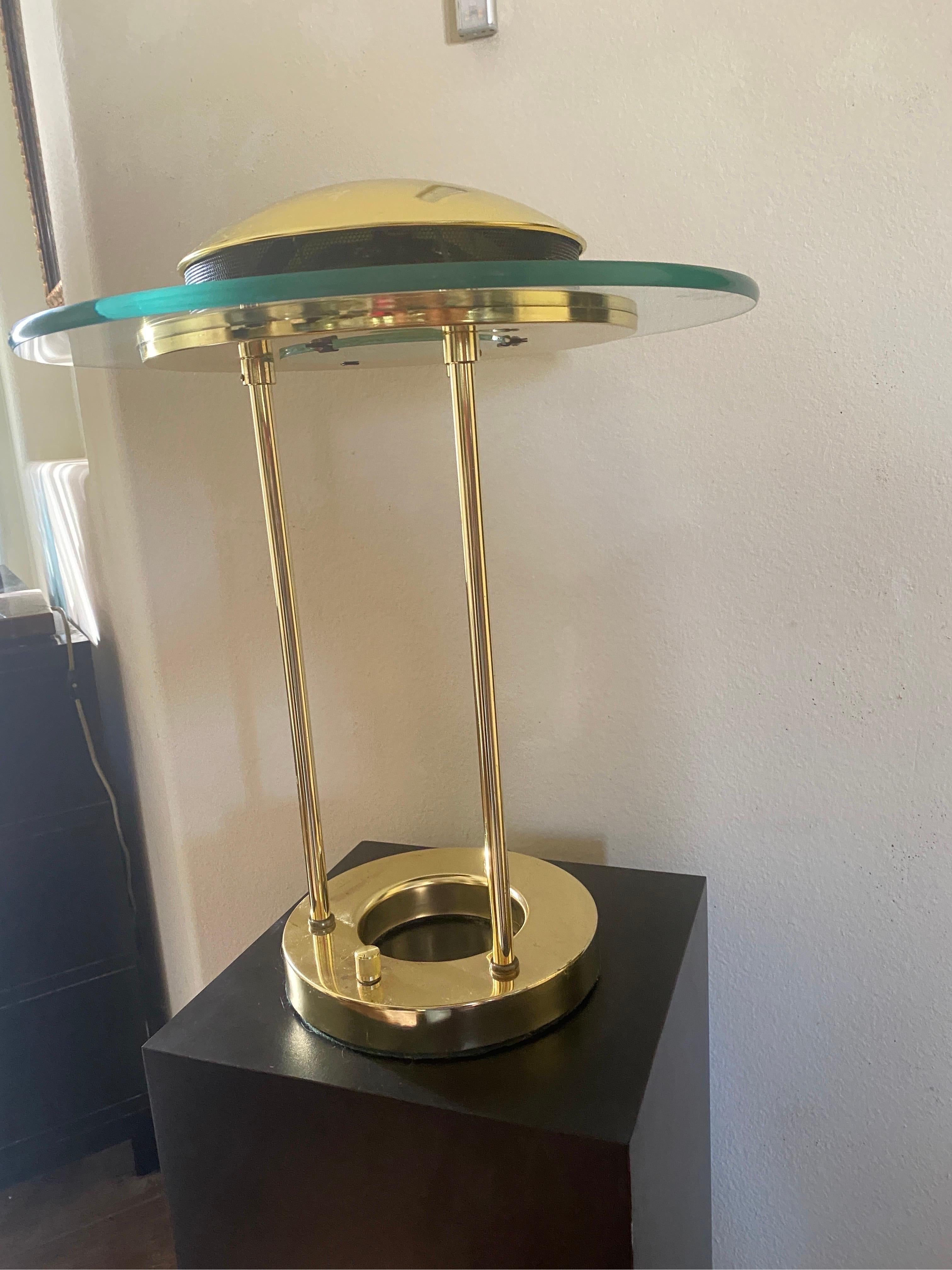 American Robert Sonneman Vintage 1980s Modernist “Saturn” Brass & Glass Lamp
