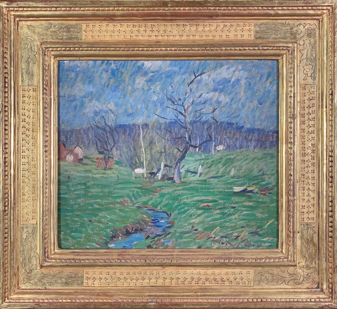 Robert Spencer Landscape Painting - Meadowland, American Impressionist Landscape, Frederick Harer Frame, Signed