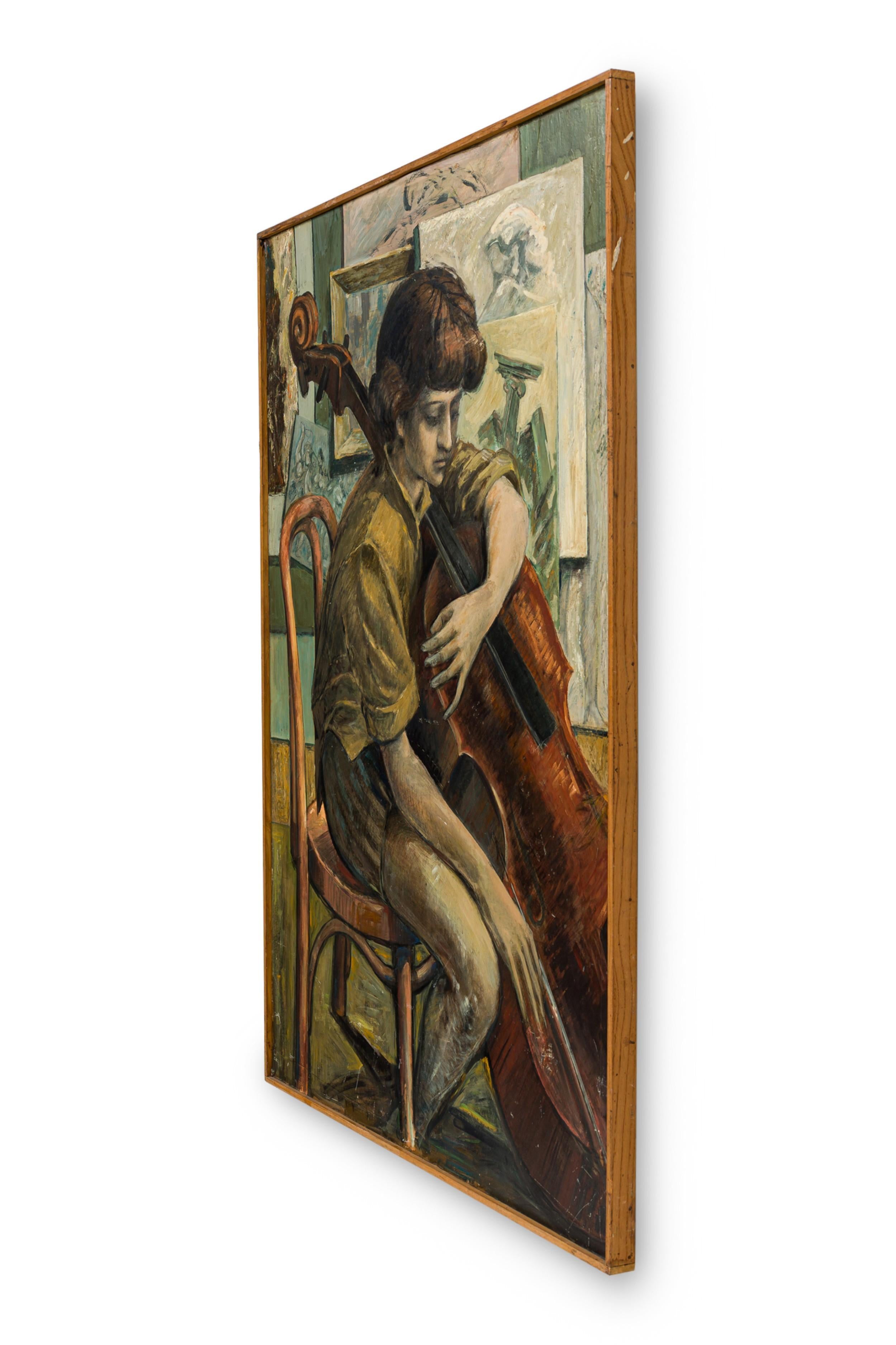 Zeitgenössisches amerikanisches Öl auf Karton mit einem jungen Cellisten, der durch die gedämpfte Farbgebung in einem unübersichtlichen Studio ein Gefühl von Melancholie vermittelt, in einem schlichten Holzrahmen ( (ROBERT SPRINGFELS) (Titel: