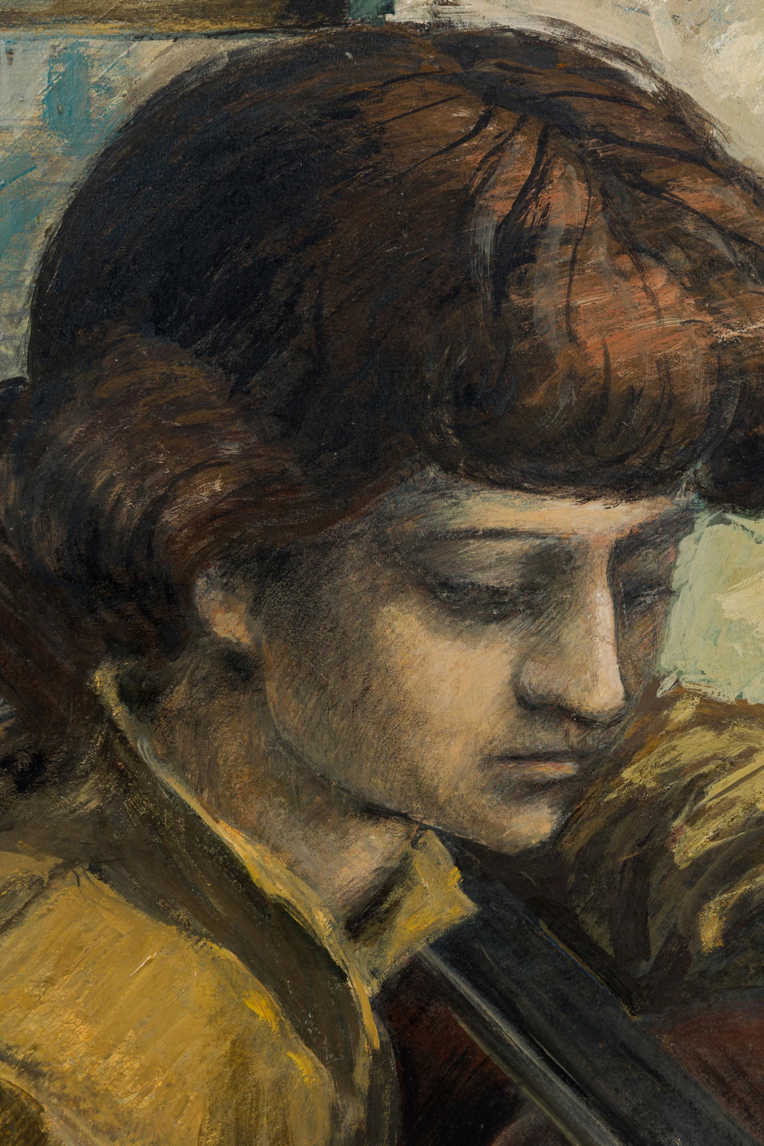 Robert Springfels American Contemporary Boy with a Cello Oil on Board (amerikanisch) im Angebot