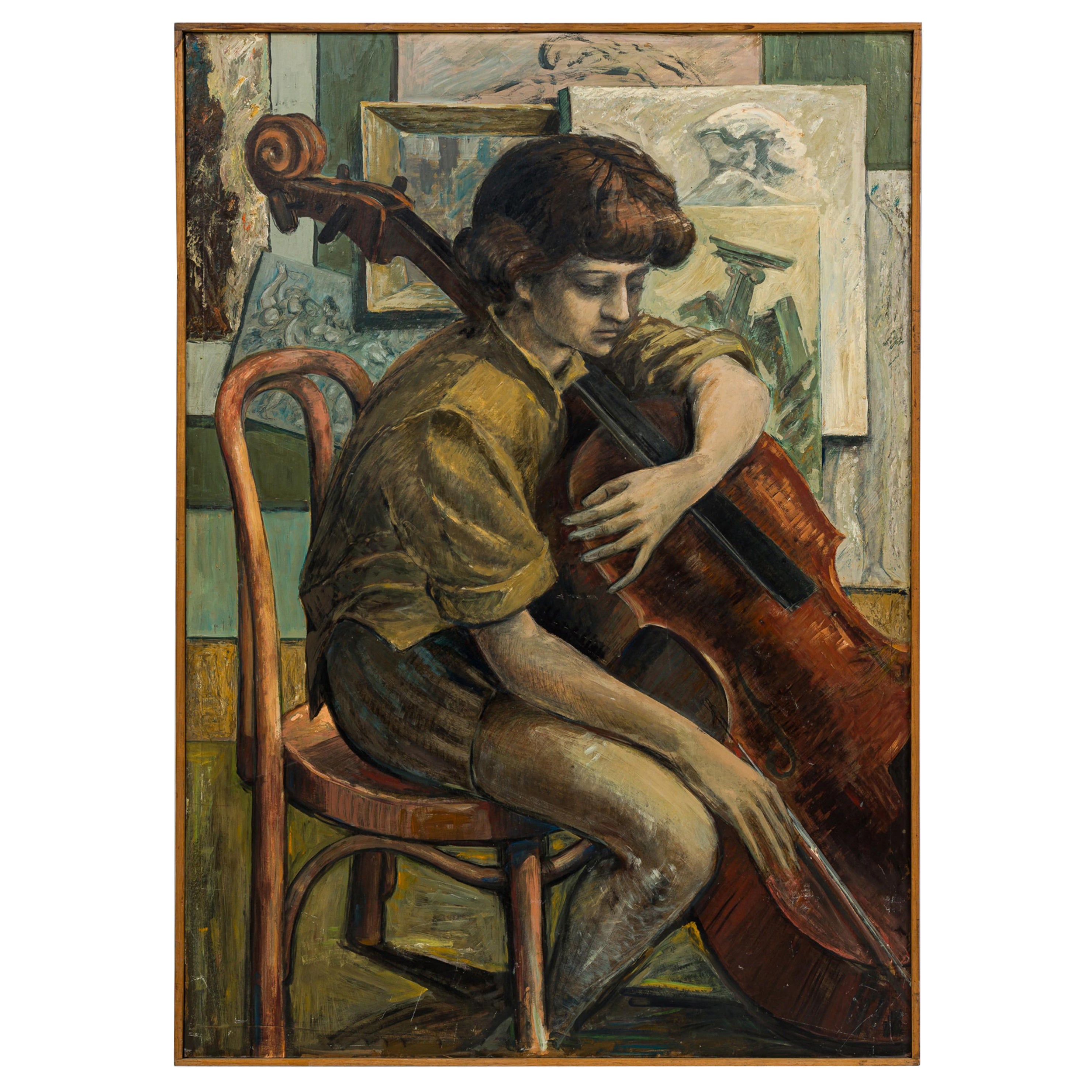 Robert Springfels American Contemporary Boy with a Cello Oil on Board