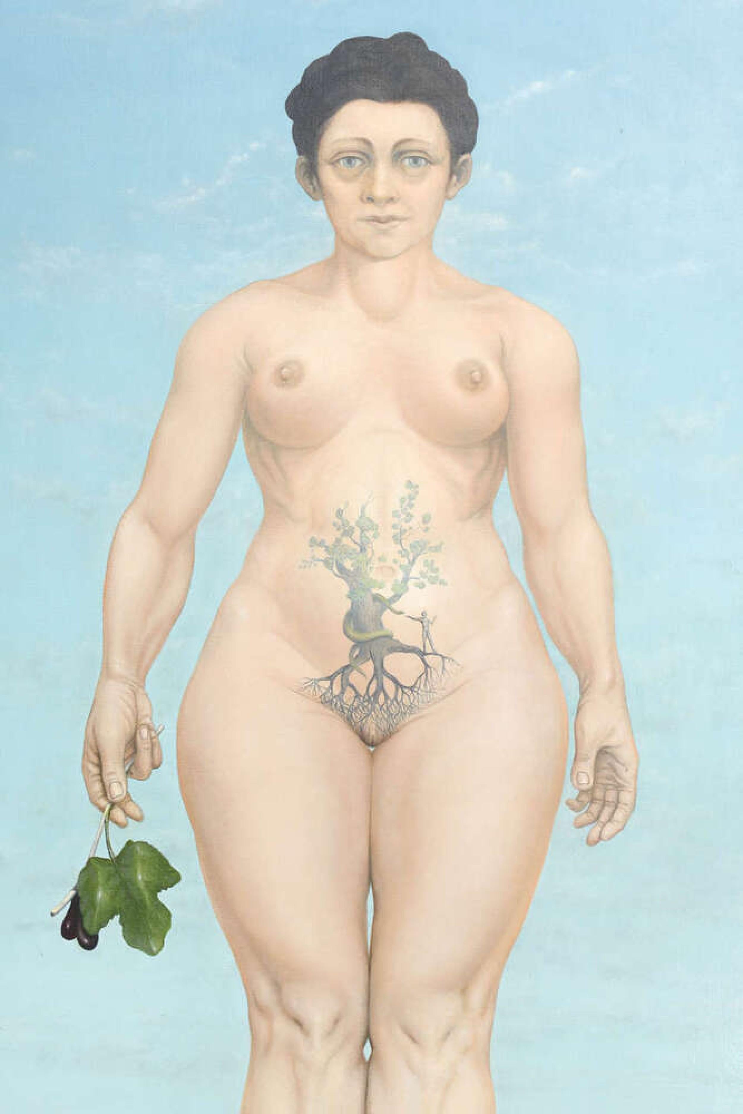 Amerikanisches zeitgenössisches Ölgemälde auf Leinwand, das eine unbekleidete Frau zeigt, die in der einen Hand ein Blatt und auf ihrem Bauch eine Zeichnung eines Baumes, einer Schlange und eines Mannes hält (ROBERT SPRINGFELS 1970)