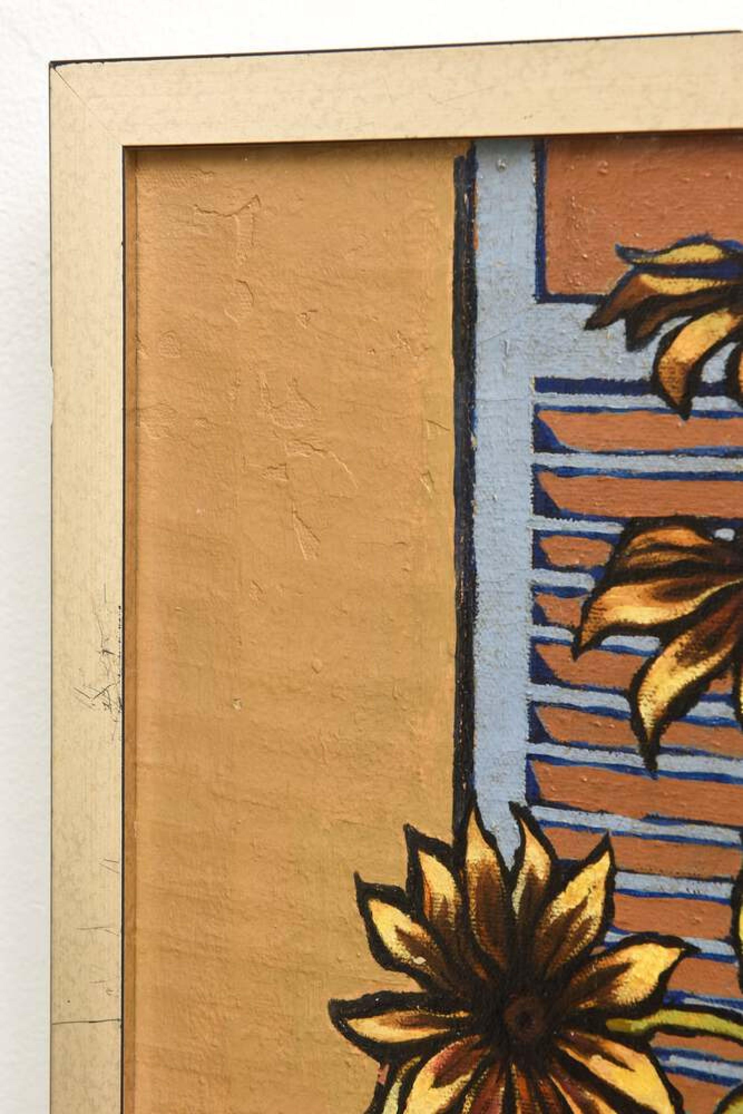 Amerikanisches surrealistisches Öl auf Leinwand aus der Mitte des Jahrhunderts, das eine Orange in einem weißen Laken zeigt, die auf einem Tisch mit einem Strauß Sonnenblumen liegt (Robert Springfels)