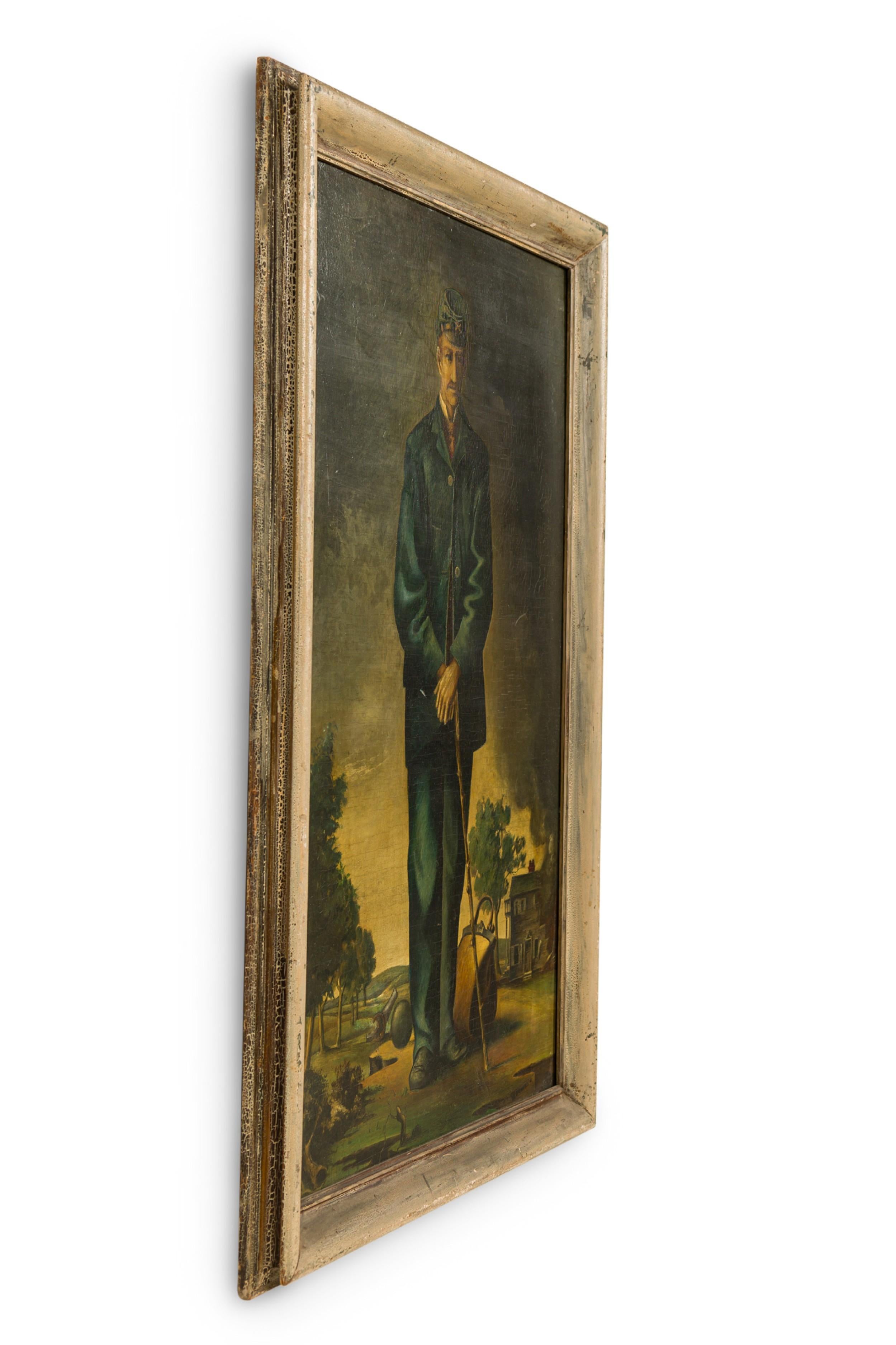 Peinture à l'huile de style victorien américain représentant un vieux soldat de l'Union tenant une canne, le bras croisé, avec une maison en arrière-plan, de la fumée montant vers le ciel et un canon visible derrière lui (signée : R. SPRINGFELS '41).