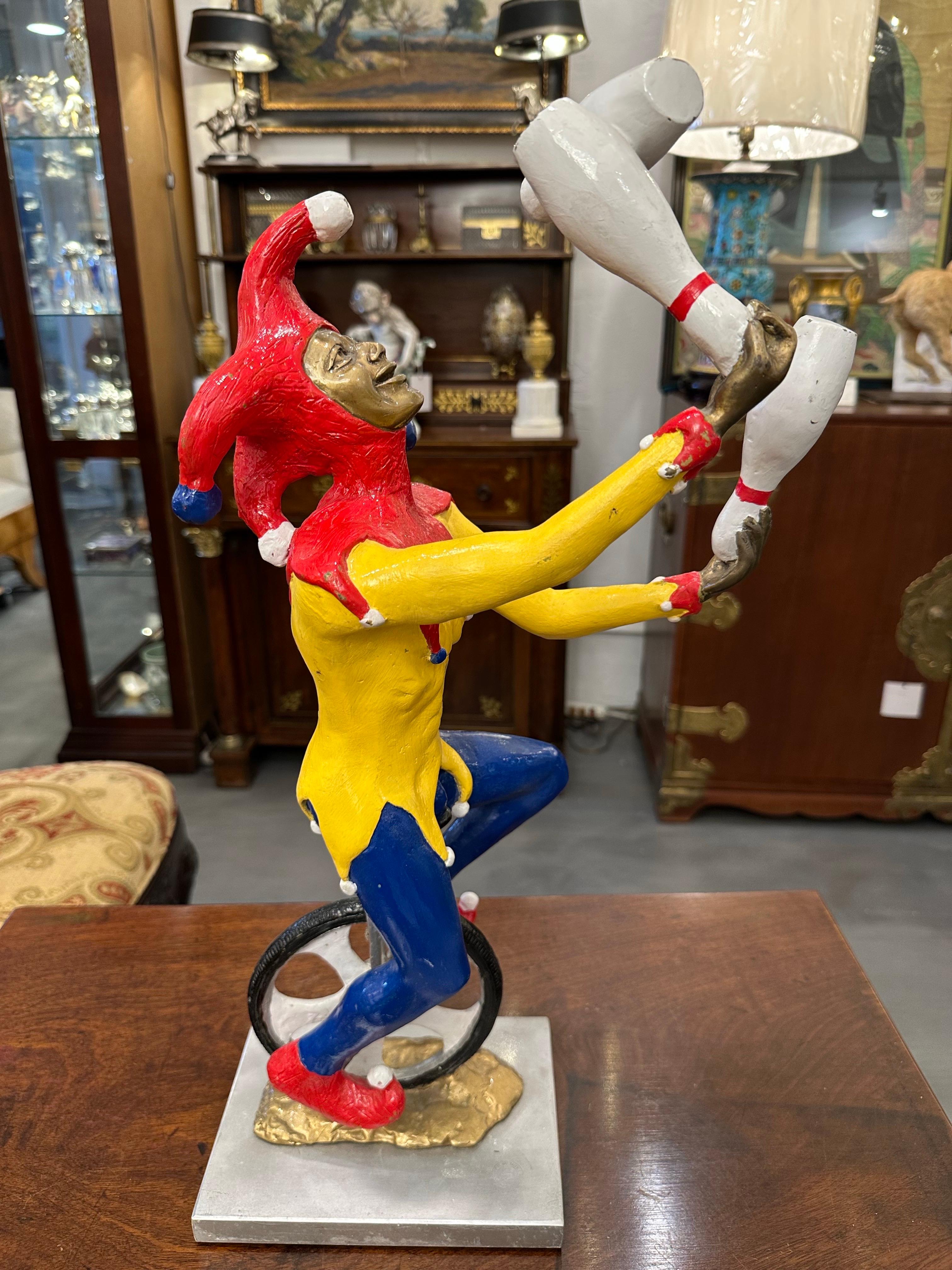 American Robert St Croix Polychrome Bronze of a Jester Juggling on a Unicycle For Sale
