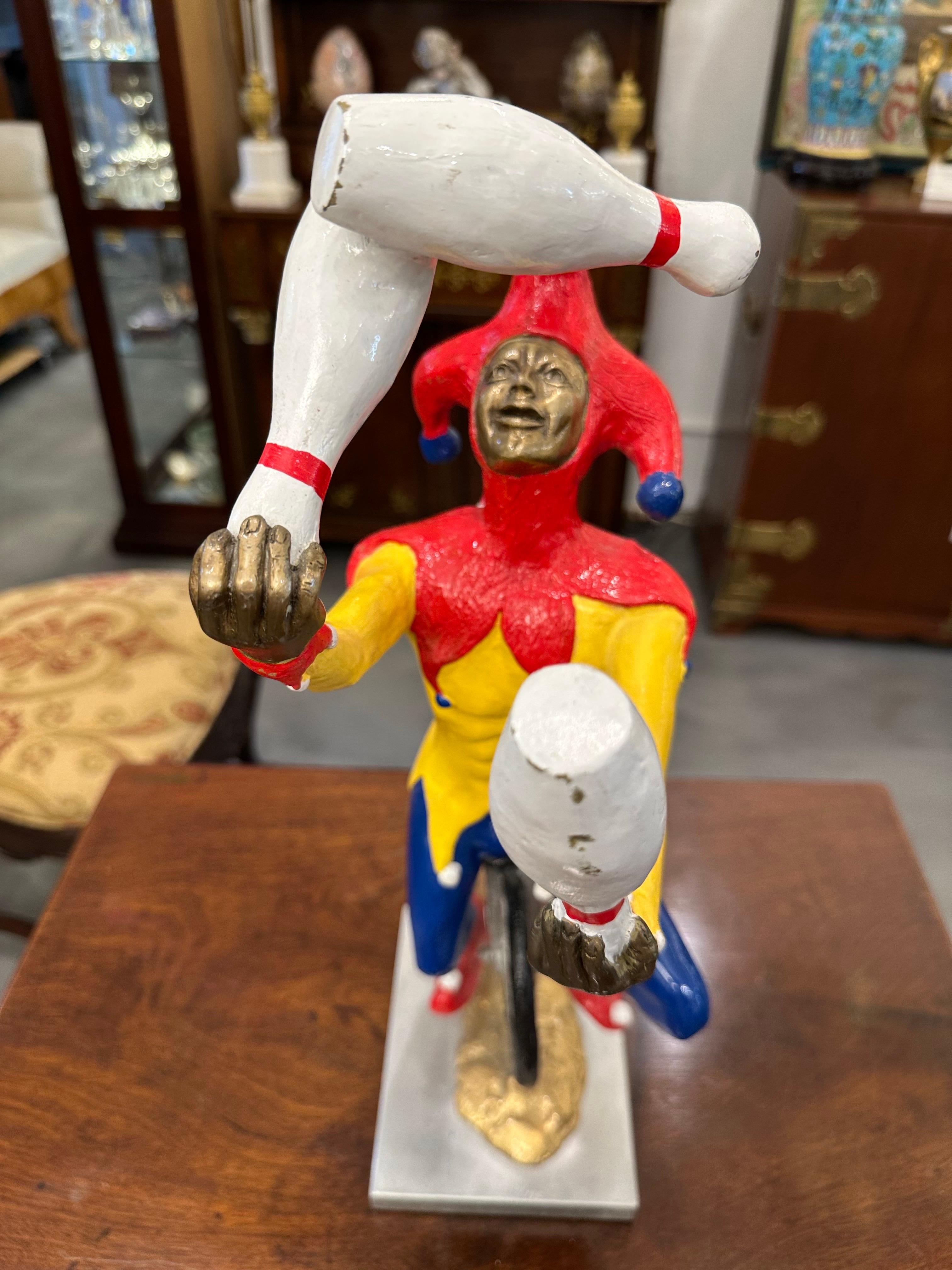 Robert St Croix Polychrome Bronze of a Jester Juggling on a Unicycle In Good Condition For Sale In WEST PALM BEACH, FL