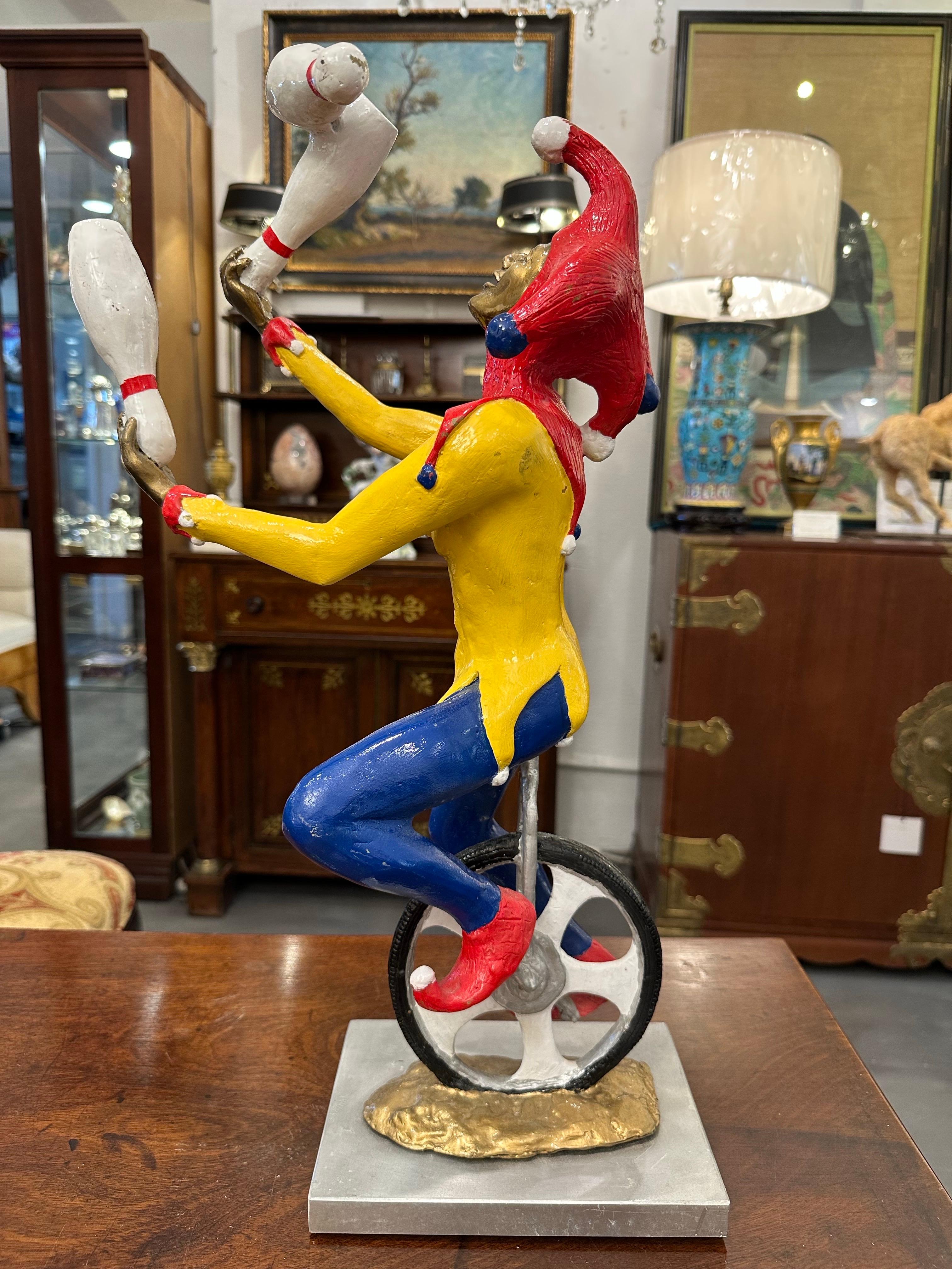 Robert St Croix Polychrome Bronze of a Jester Juggling on a Unicycle For Sale 1