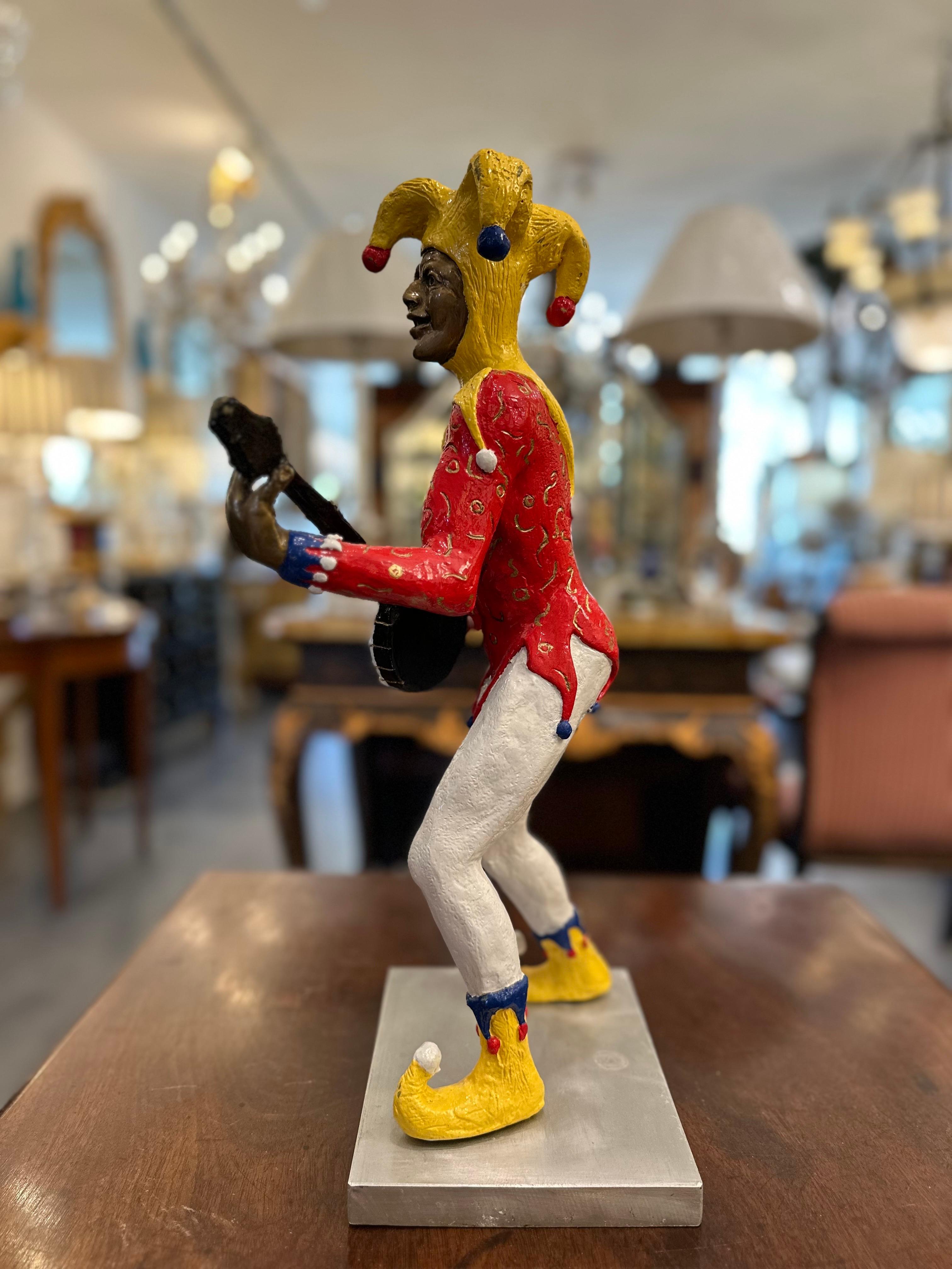 American Robert St Croix Polychrome Bronze of a Jester Playing a Banjo For Sale