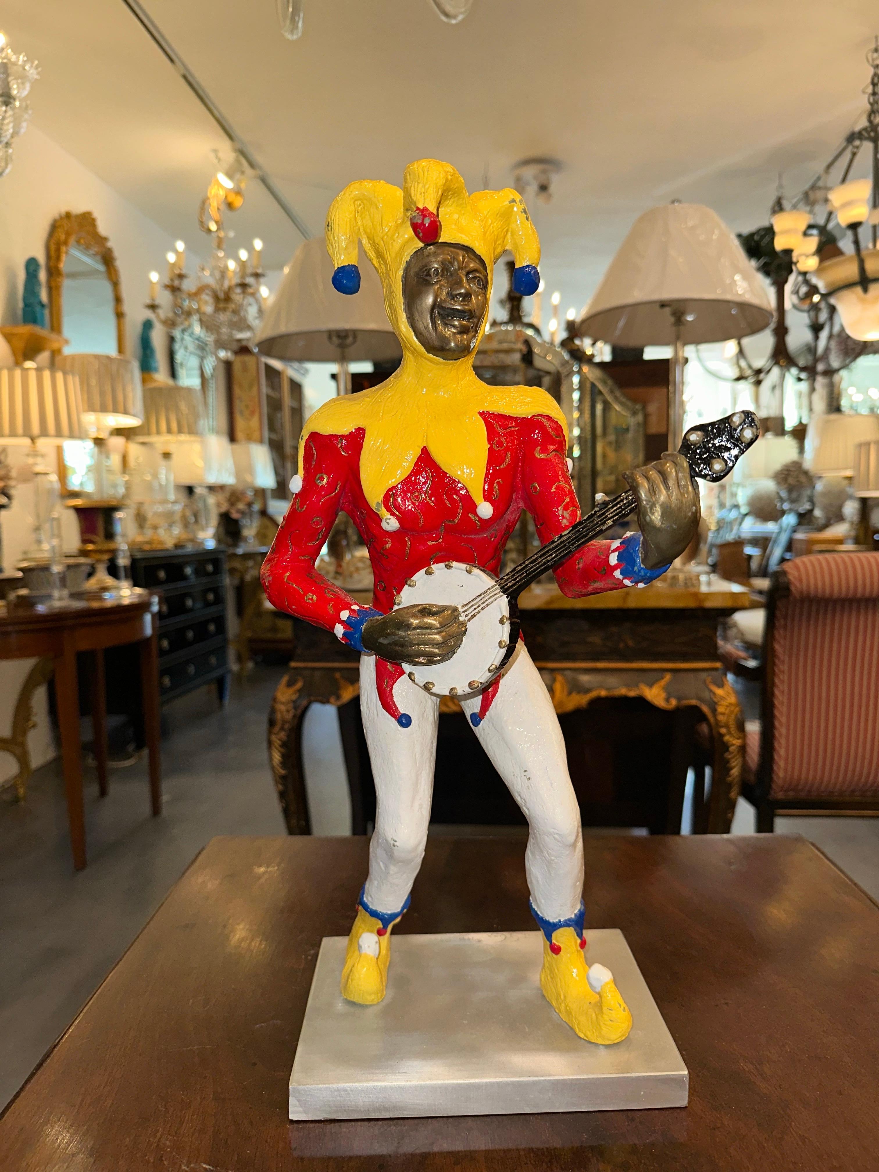 Polychromed Robert St Croix Polychrome Bronze of a Jester Playing a Banjo For Sale