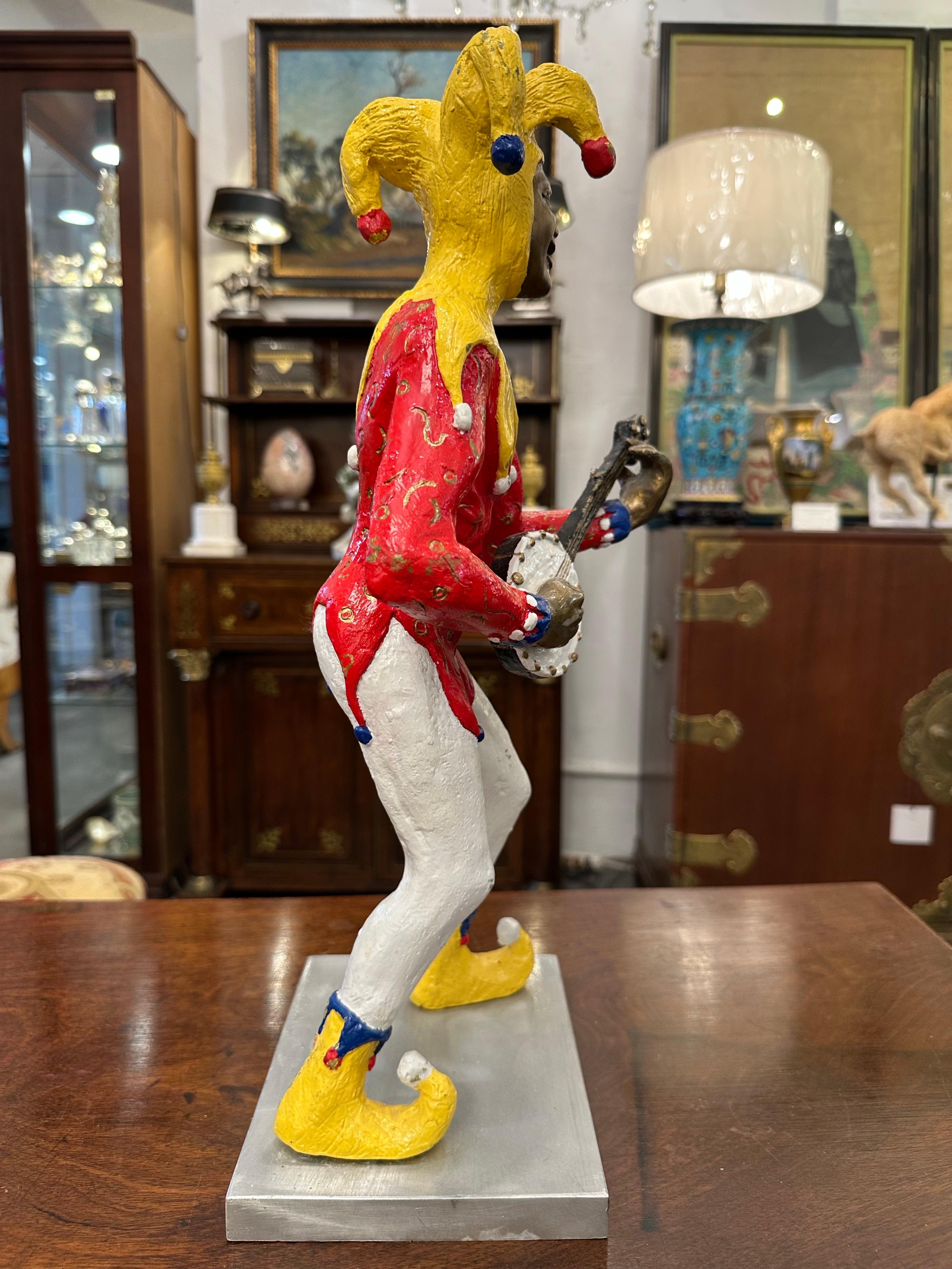Robert St Croix Polychrome Bronze of a Jester Playing a Banjo In Good Condition For Sale In WEST PALM BEACH, FL