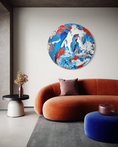 Energy Within - Circular, Blue, White and Orange, Gestural Abstract Painting