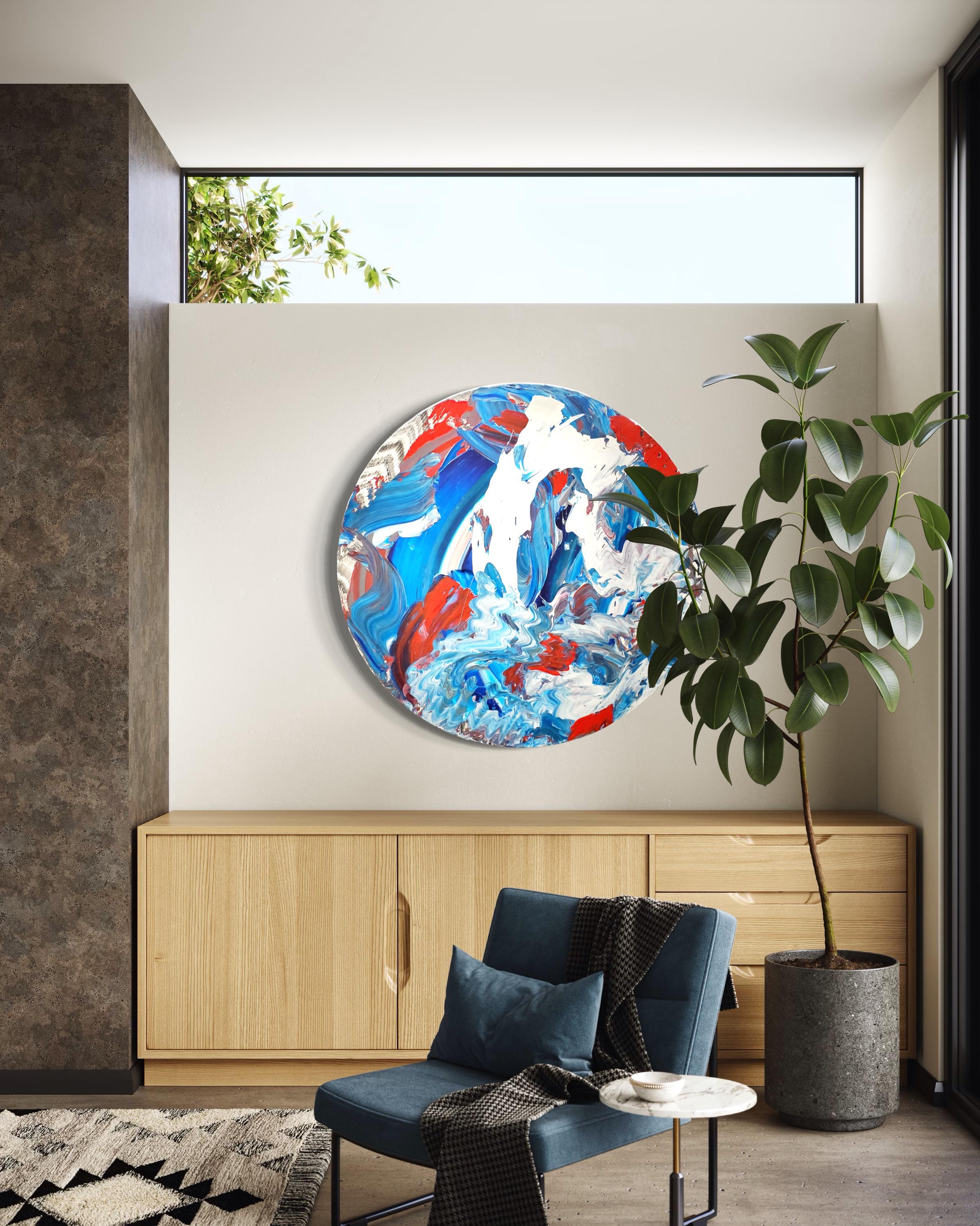 Energy Within - Peinture abstraite circulaire, bleue, blanche et orange  - Expressionnisme abstrait Painting par Robert Standish 
