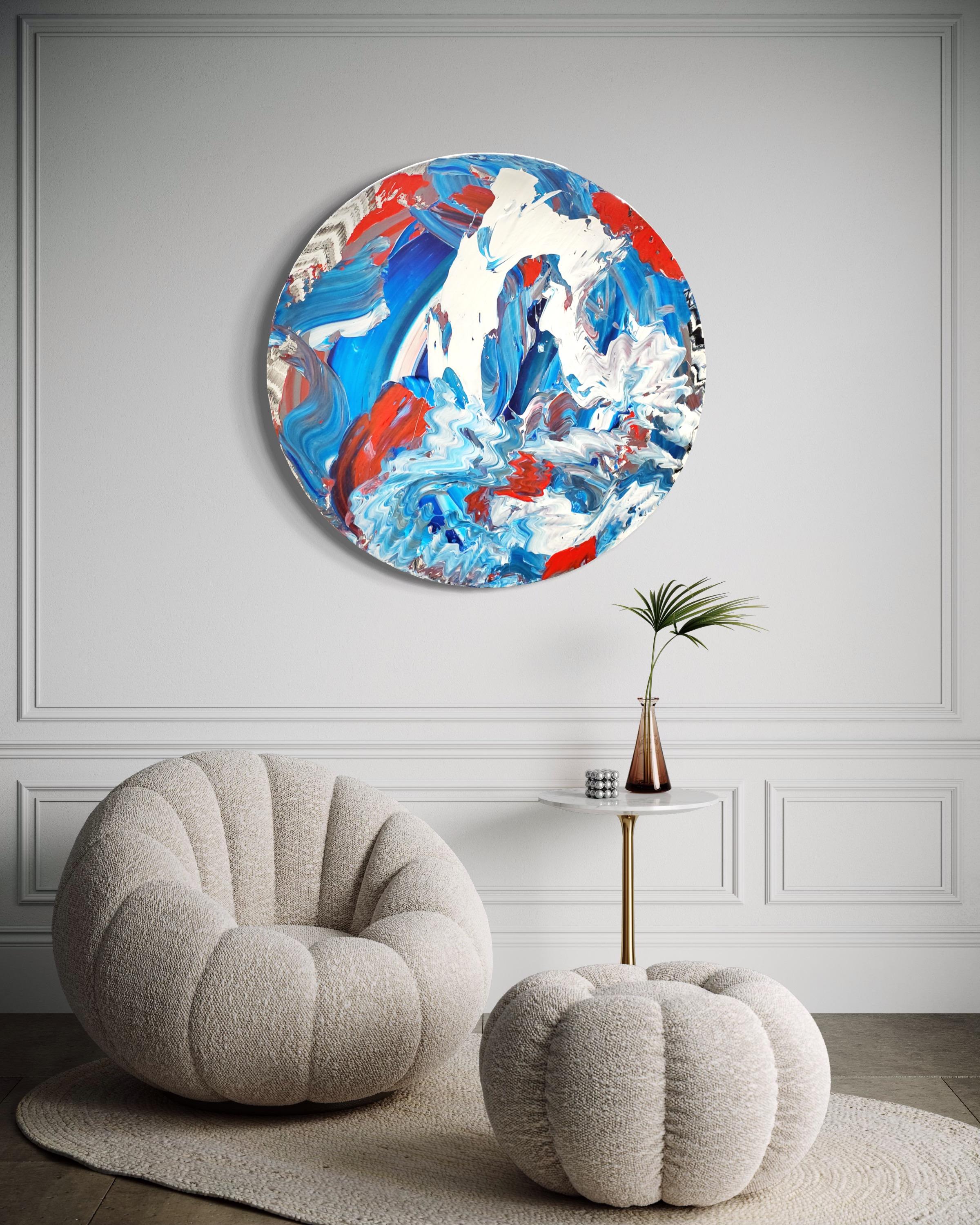Energy Within - Circular, Blue, White and Orange, Gestural Abstract Painting  For Sale 3