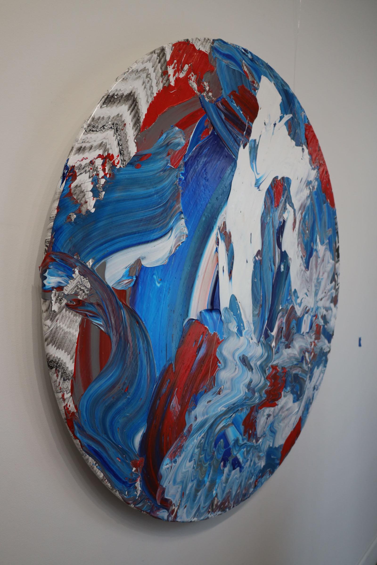 Energy Within - Peinture abstraite circulaire, bleue, blanche et orange  en vente 1