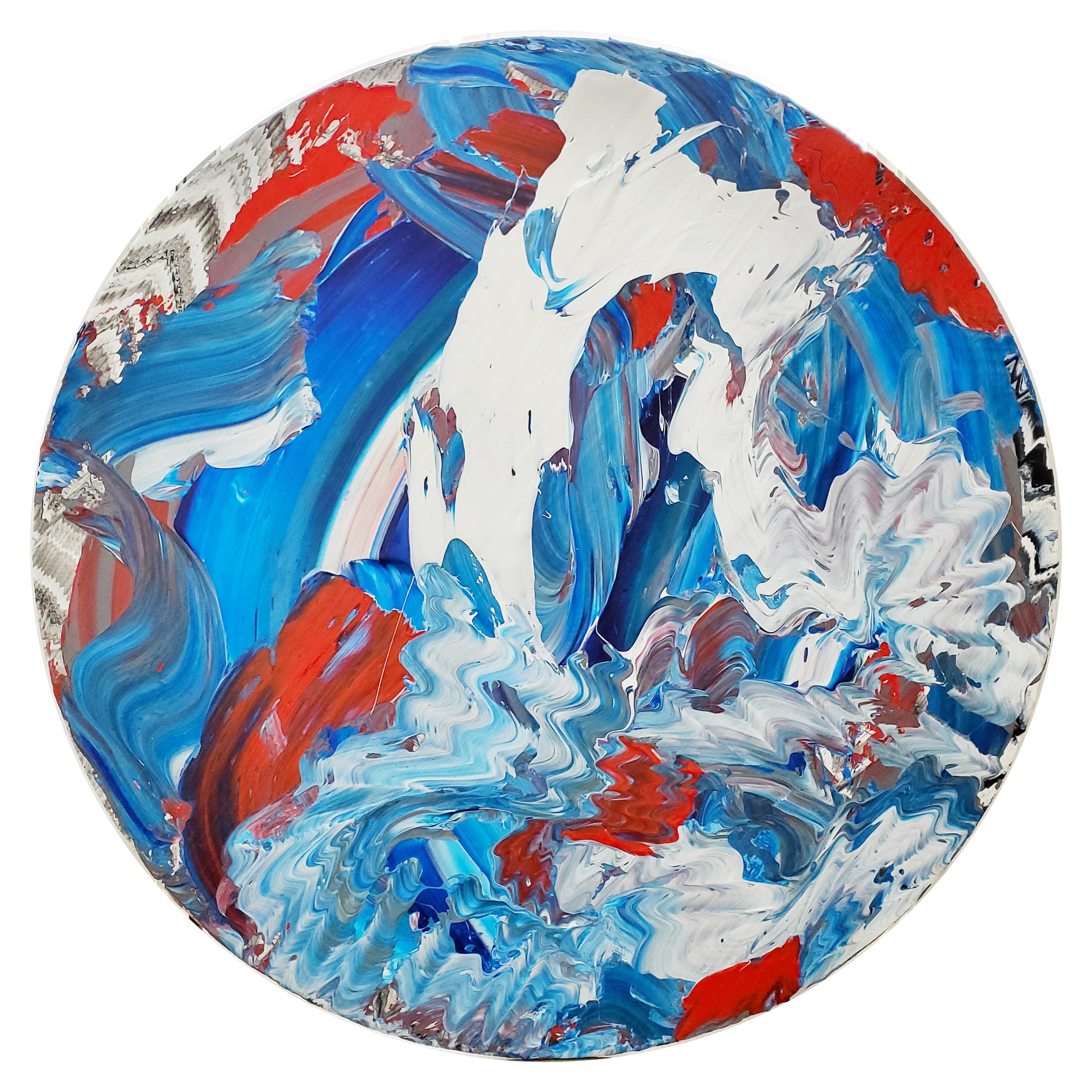 Robert Standish's circular work "The Energy Within" is a prime example of the artist's exceptional talent for imbuing a work of art with a palpable sense of presence. Employing a restrained palette of blues, oranges, black, and white, Standish