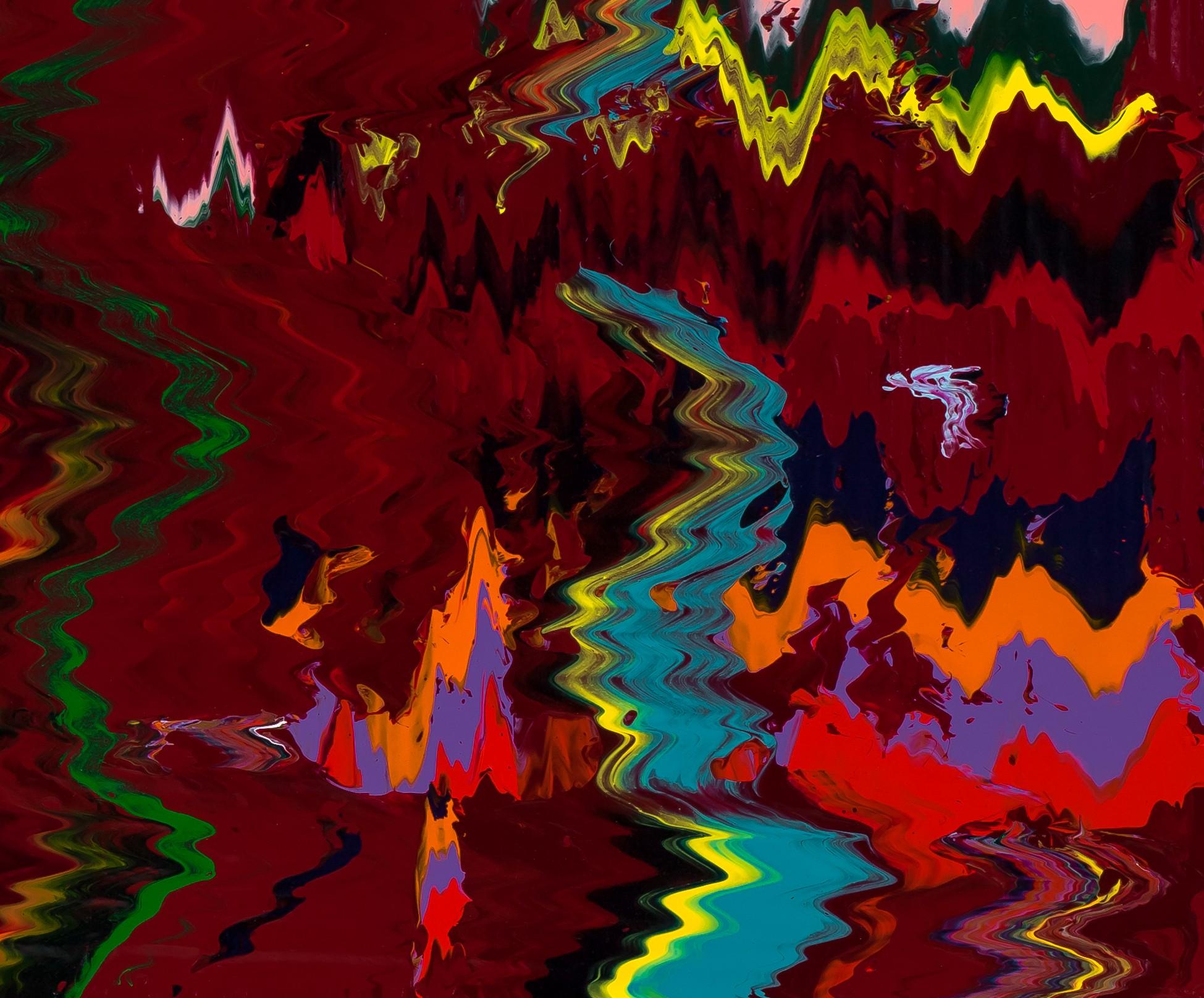 Across the Crimson Divide is an acrylic on canvas painting by Robert Standish, signed, titled and dated verso. The art is 30 x 40 inches canvas size and 31.5 x 41.5 inches framed. Framed in a contemporary white frame chosen by the artist. 

For over