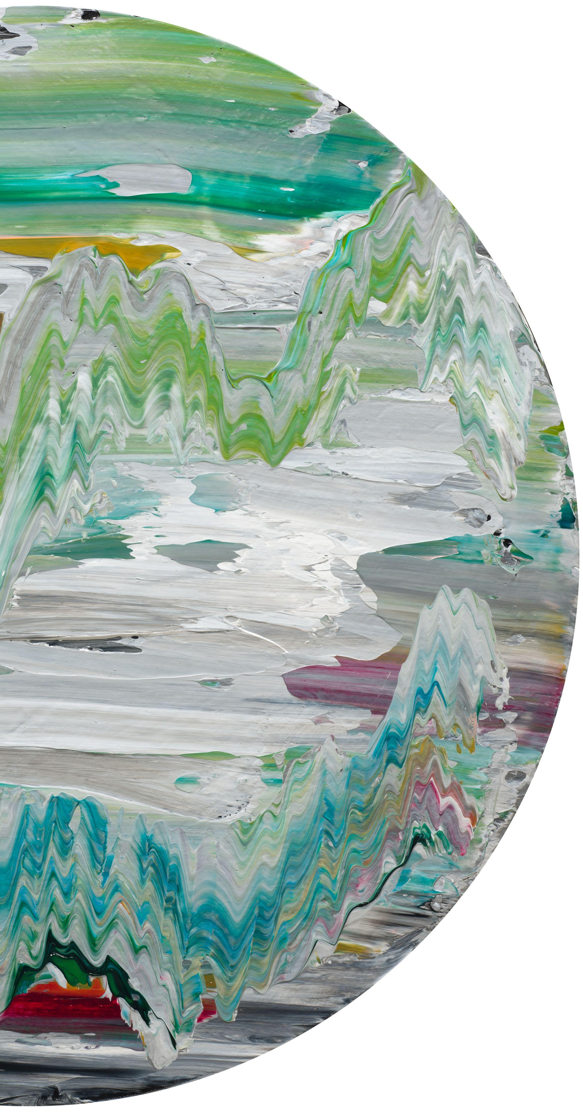 Emerald Sky is an acrylic on canvas painting by Robert Standish, signed, titled and dated verso. The art is 30 inches diameter canvas size and 31.25 inches diameter framed. Framed in a contemporary white frame chosen by the artist. 

For over two
