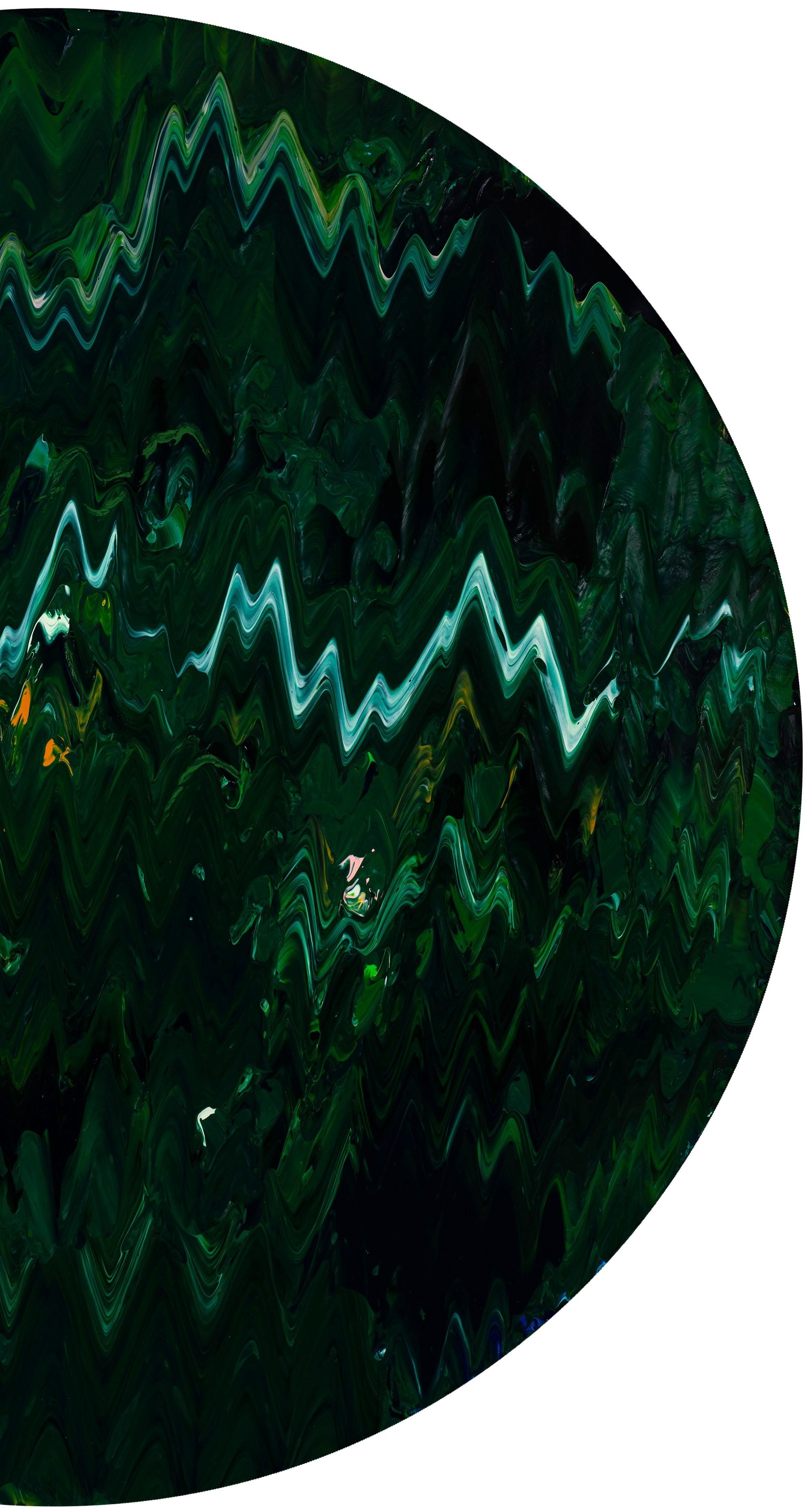 Evergreen ist ein Gemälde in Acryl auf Leinwand von Robert Standish, signiert, betitelt und datiert verso. Die Kunst ist 30 Zoll Durchmesser Leinwand Größe und 31,25 Zoll Durchmesser gerahmt. Gerahmt in einem zeitgenössischen weißen Rahmen nach Wahl