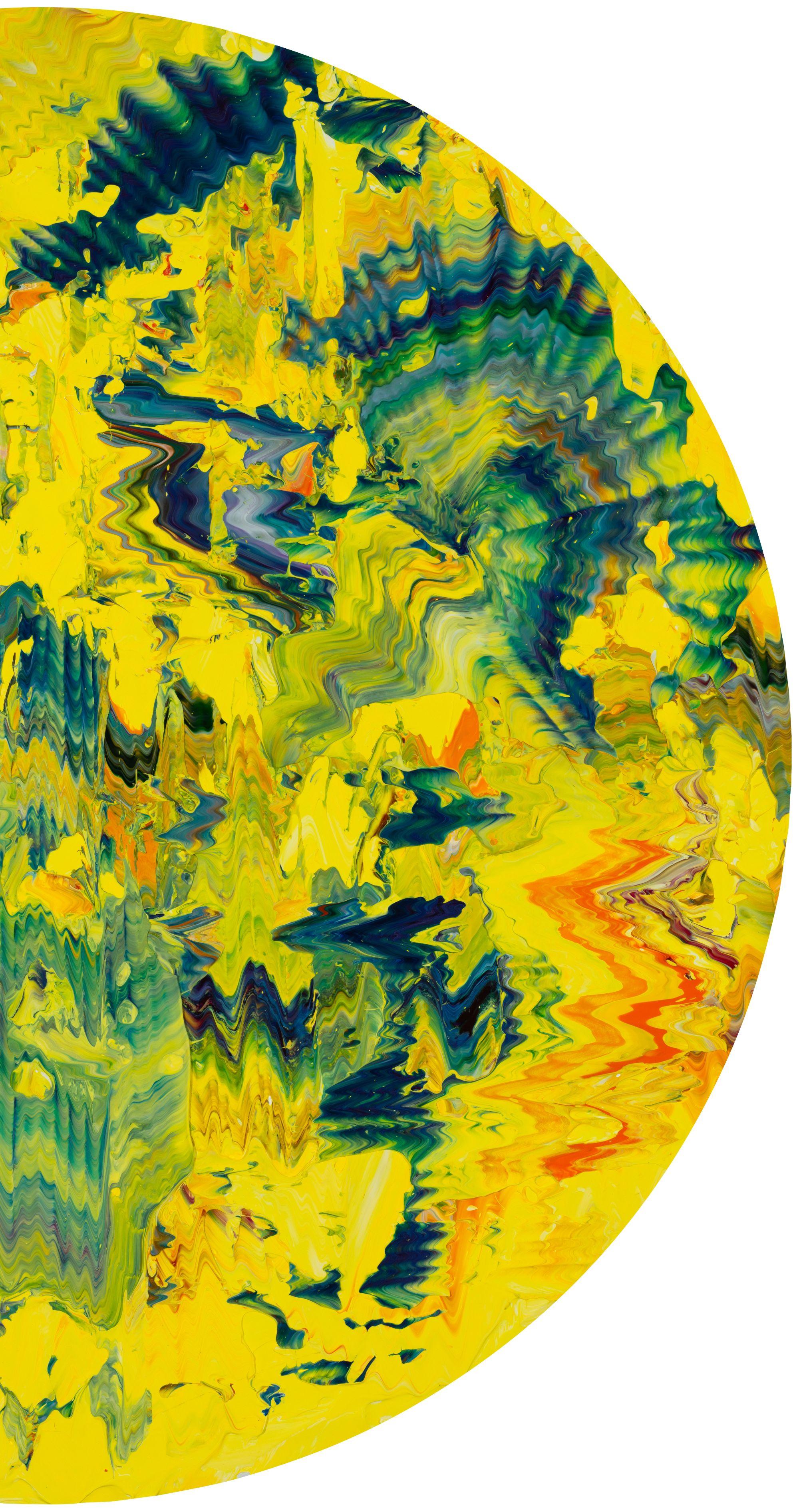 Travels in the Sun ist ein Gemälde in Acryl auf Leinwand von Robert Standish, signiert, betitelt und datiert verso. Die Kunst ist 30 Zoll Durchmesser Leinwand Größe und 31,25 Zoll Durchmesser gerahmt. Gerahmt in einem zeitgenössischen weißen Rahmen