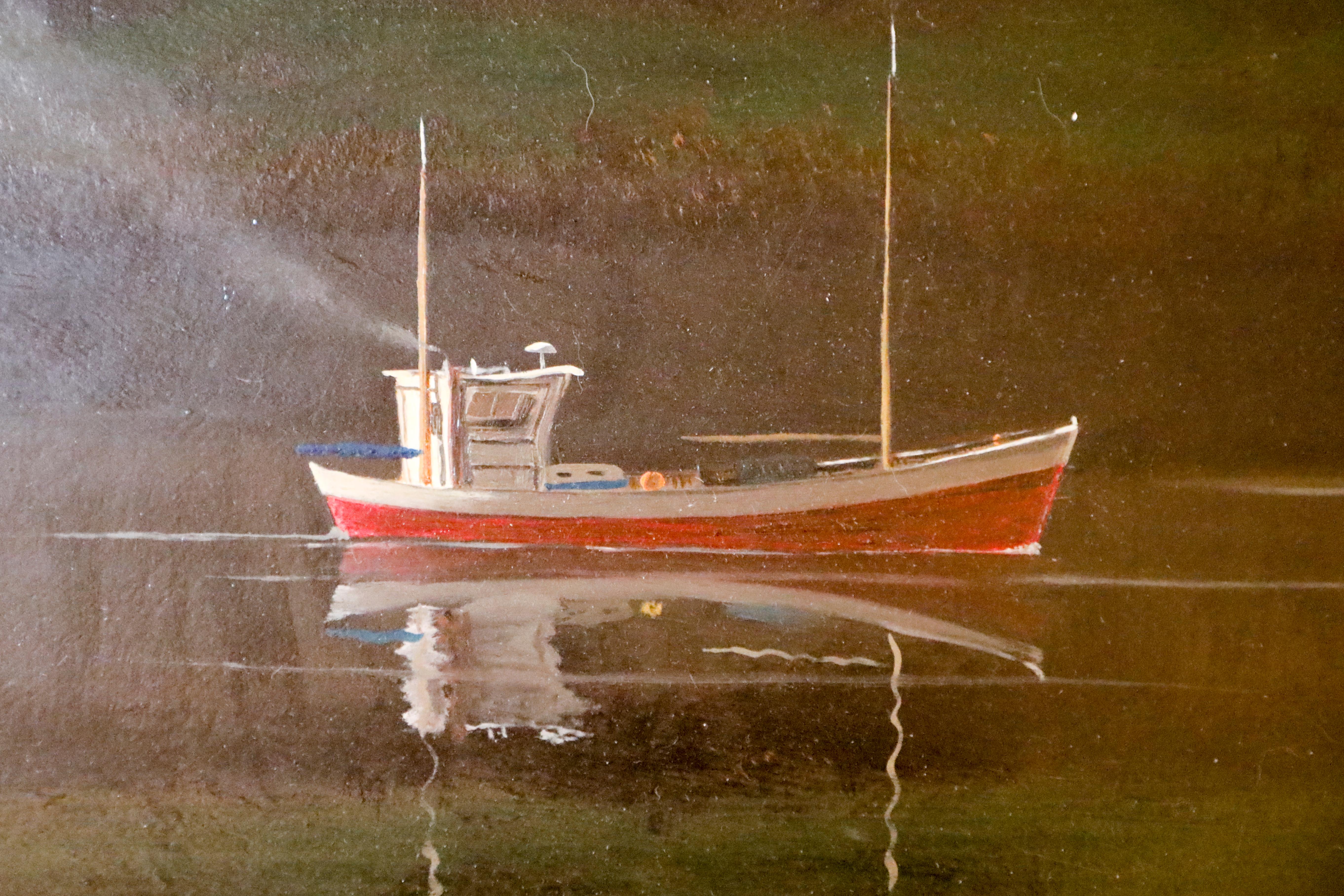 Red Boat with Swan Nantucket - Painting by Robert Stark