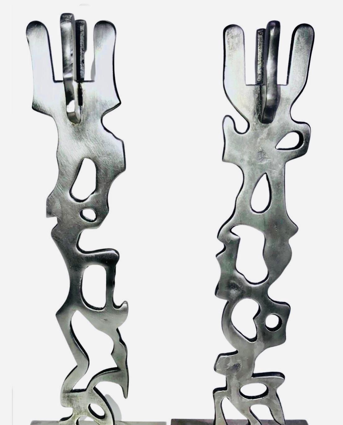 Post-Modern Robert Stoller Signed Post Modern Pair Brutalist Abstract Aluminum Candleholders For Sale