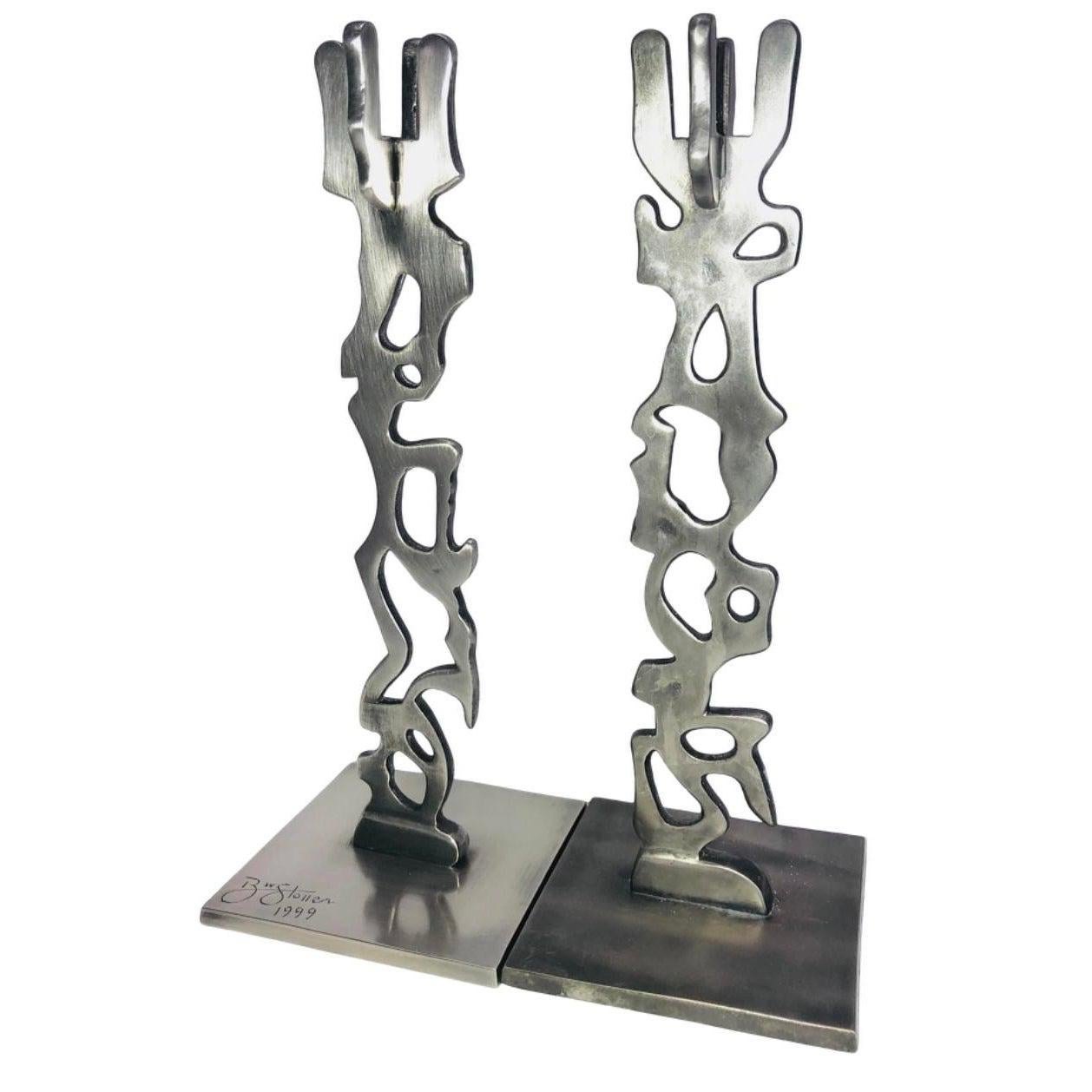 American Robert Stoller Signed Post Modern Pair Brutalist Abstract Aluminum Candleholders For Sale