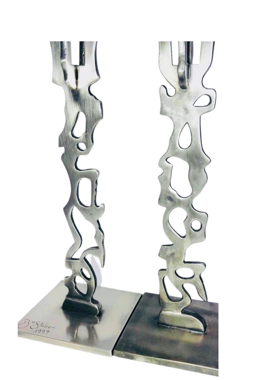 Late 20th Century Robert Stoller Signed Post Modern Pair Brutalist Abstract Aluminum Candleholders For Sale