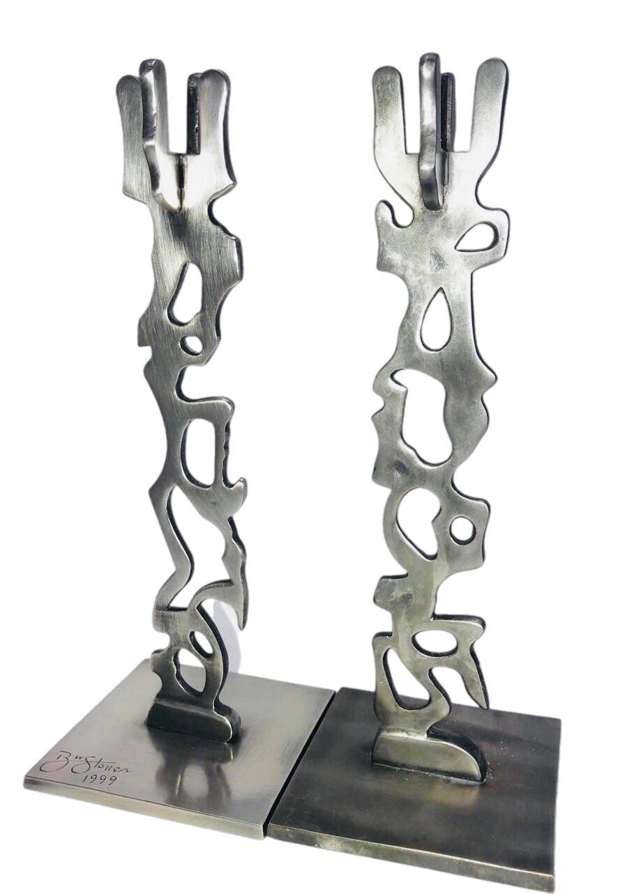 Robert Stoller Signed Post Modern Pair Brutalist Abstract Aluminum Candleholders For Sale 1