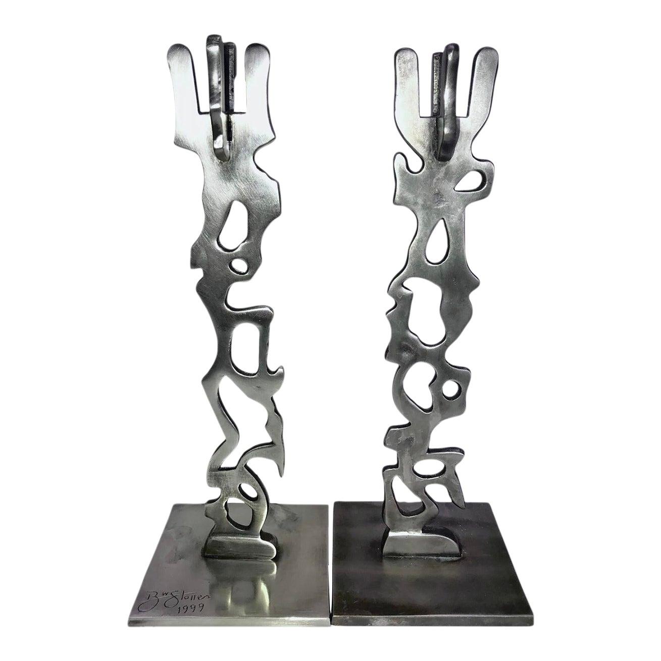 Robert Stoller Signed Post Modern Pair Brutalist Abstract Aluminum Candleholders For Sale 3